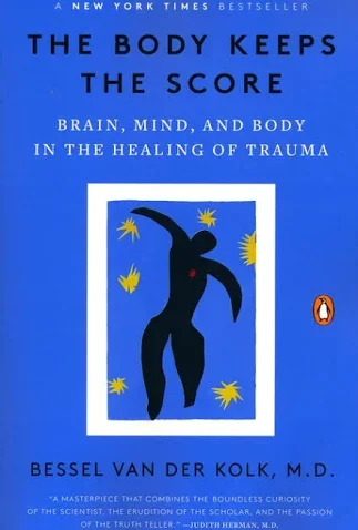 Book cover of 'The Body Keeps the Score' by Bessel Van Der Kolk, featuring a black abstract human figure surrounded by yellow stars on a blue background.