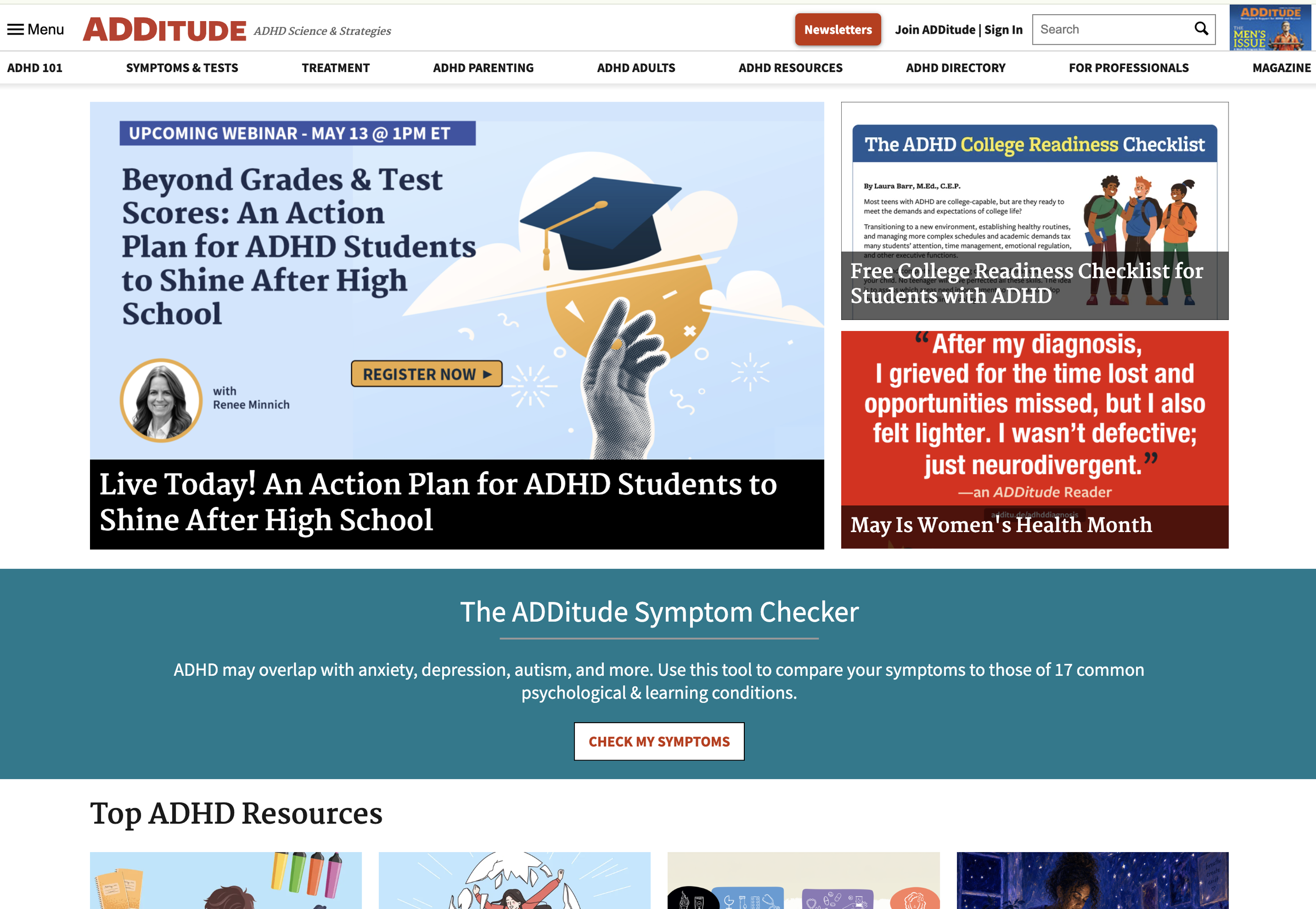 Website of ADDitude with articles and resources on ADHD, featuring a webinar announcement, a college readiness checklist for students with ADHD, and a symptom checker.