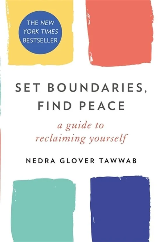 Book cover titled 'Set Boundaries, Find Peace' by Nedra Glover Tawwab with colorful abstract shapes and a blue circle indicating a New York Times bestseller.