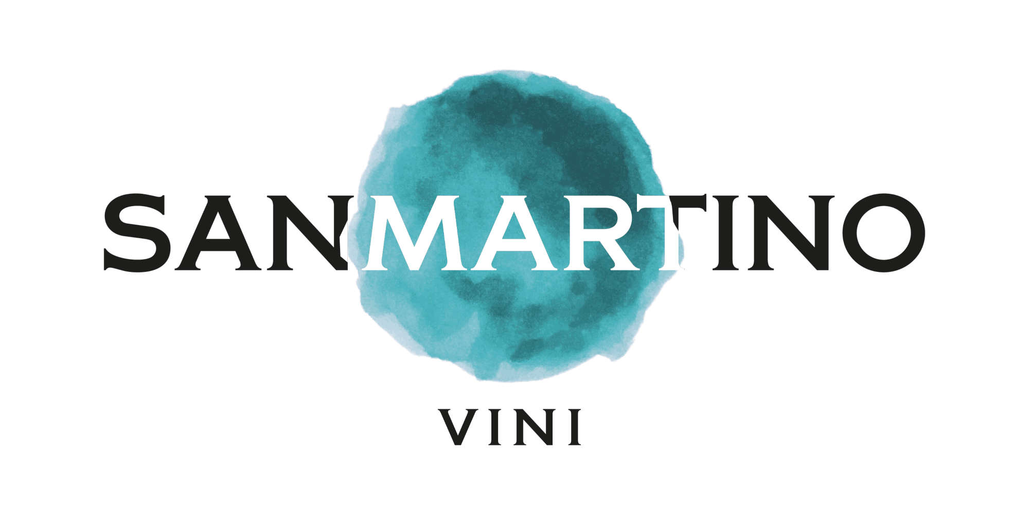 Wine label with watercolor blue circle background, text reads 'San Martino Vini', with 'San Martino' prominently in the center and larger font, 'Vini' below in smaller font.