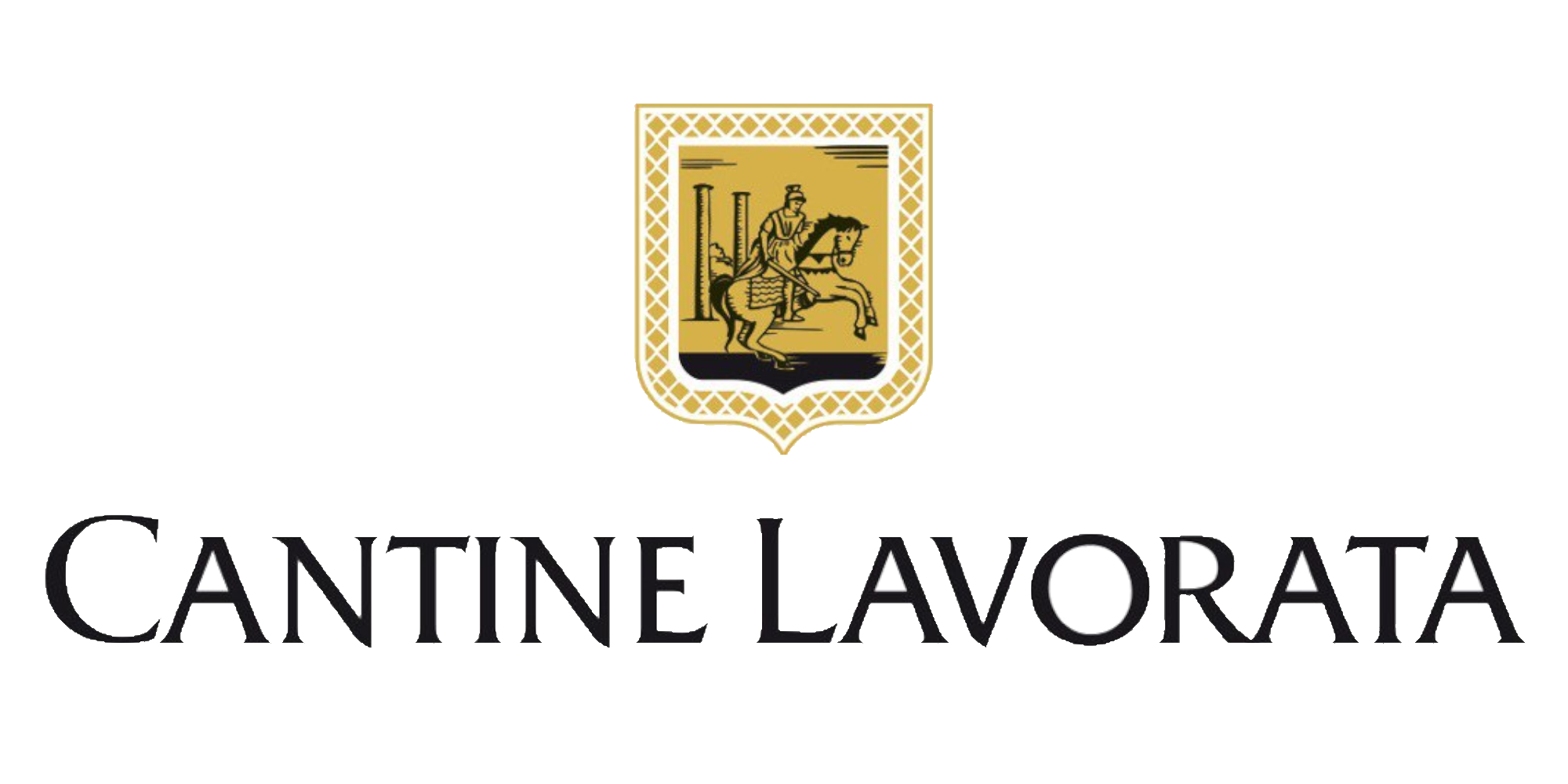 The logo of Cantine Lavorata, featuring a gold shield with an illustration of a person riding a horse