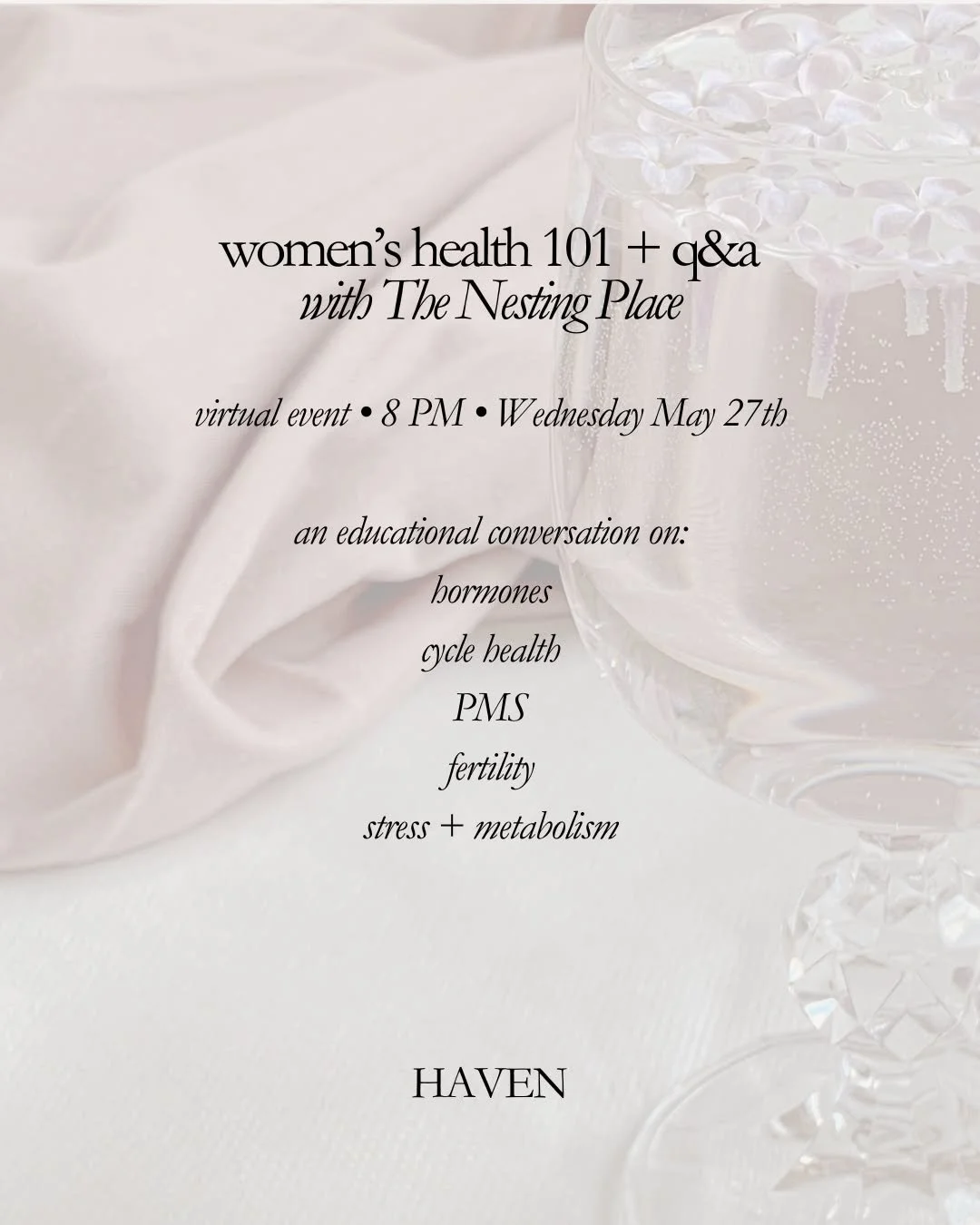 On May 27th at 8 PM, I&rsquo;ll be hosting a virtual Women&rsquo;s Health 101 + live Q&amp;A organized by The Nesting Place. I created this talk because so many women are navigating symptoms while being told everything is &ldquo;normal.&rdquo;

PMS.
