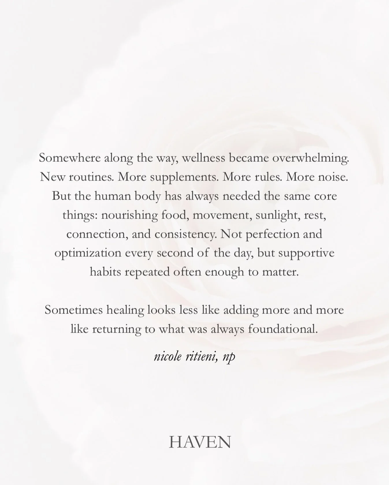 We&rsquo;ve been taught that wellness has to be complicated to be effective. More products. More protocols. More pressure to &ldquo;do everything right.&rdquo;

Most of the time, the body is asking for the basics:
enough sleep, real food, movement, n