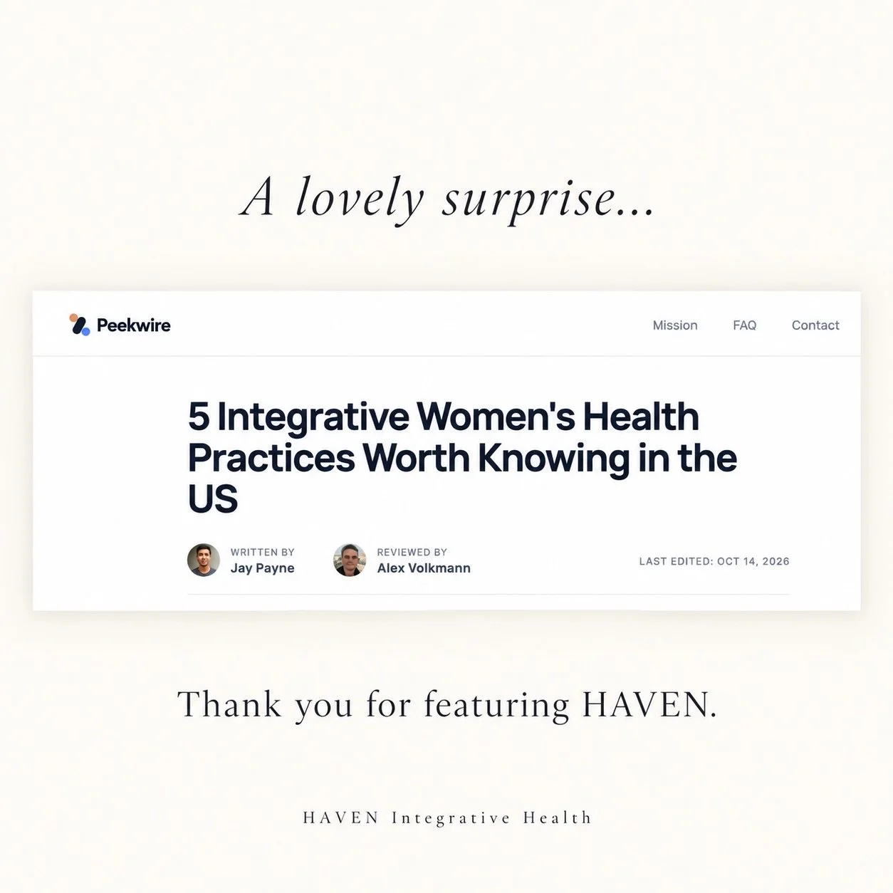 A lovely surprise in my inbox 🤍

HAVEN was featured in Peekwire&rsquo;s article, &ldquo;5 Integrative Women&rsquo;s Health Practices Worth Knowing in the US.&rdquo;

Building this practice has meant so much to me. I created HAVEN to offer thoughtful