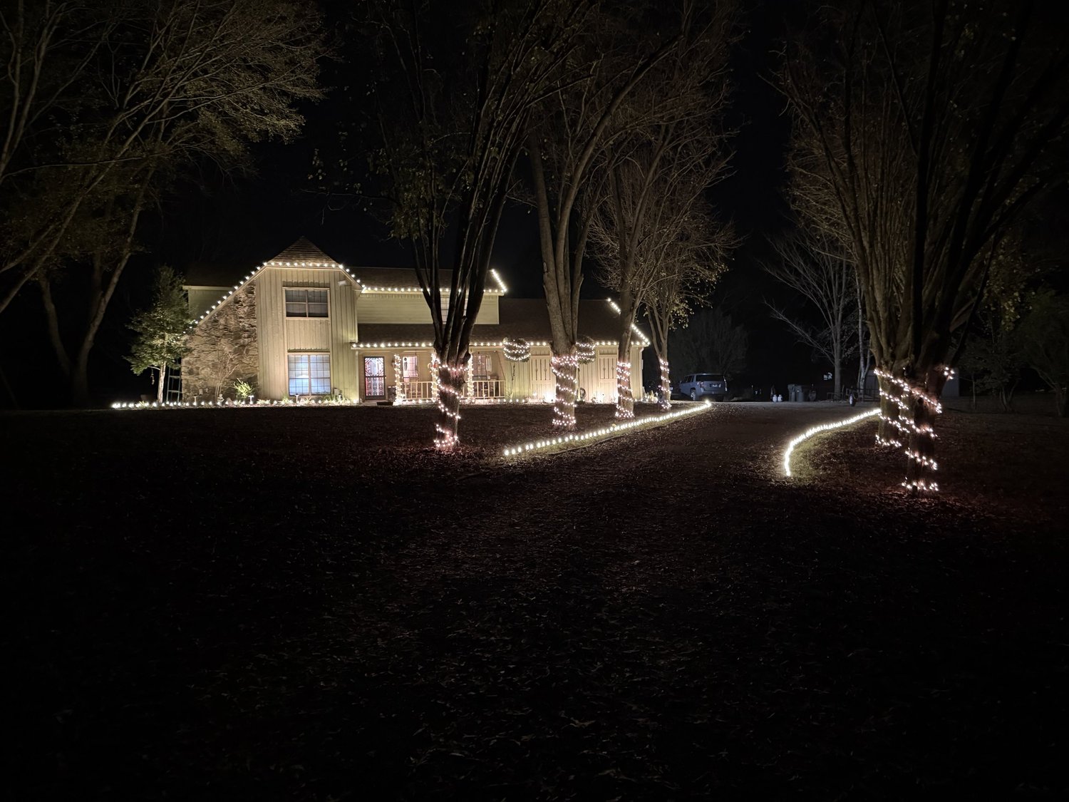 Home with roofline lights, lit driveway and wrapped trees