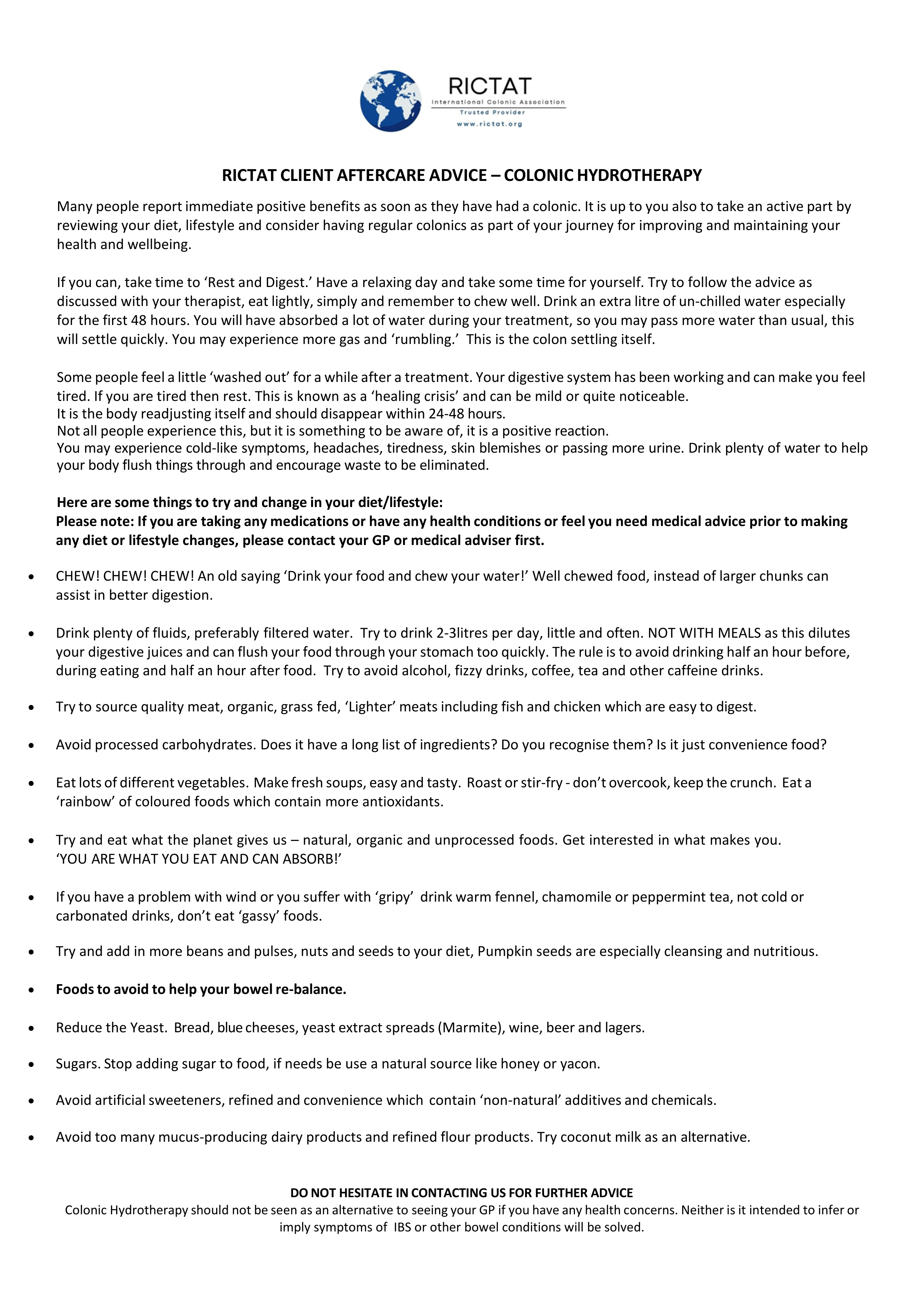 A document titled 'RICAT Client Aftercare Advice – Colonic Hydrotherapy' with guidance on post-treatment diet and lifestyle changes including hydration, food choices, and avoiding processed foods.