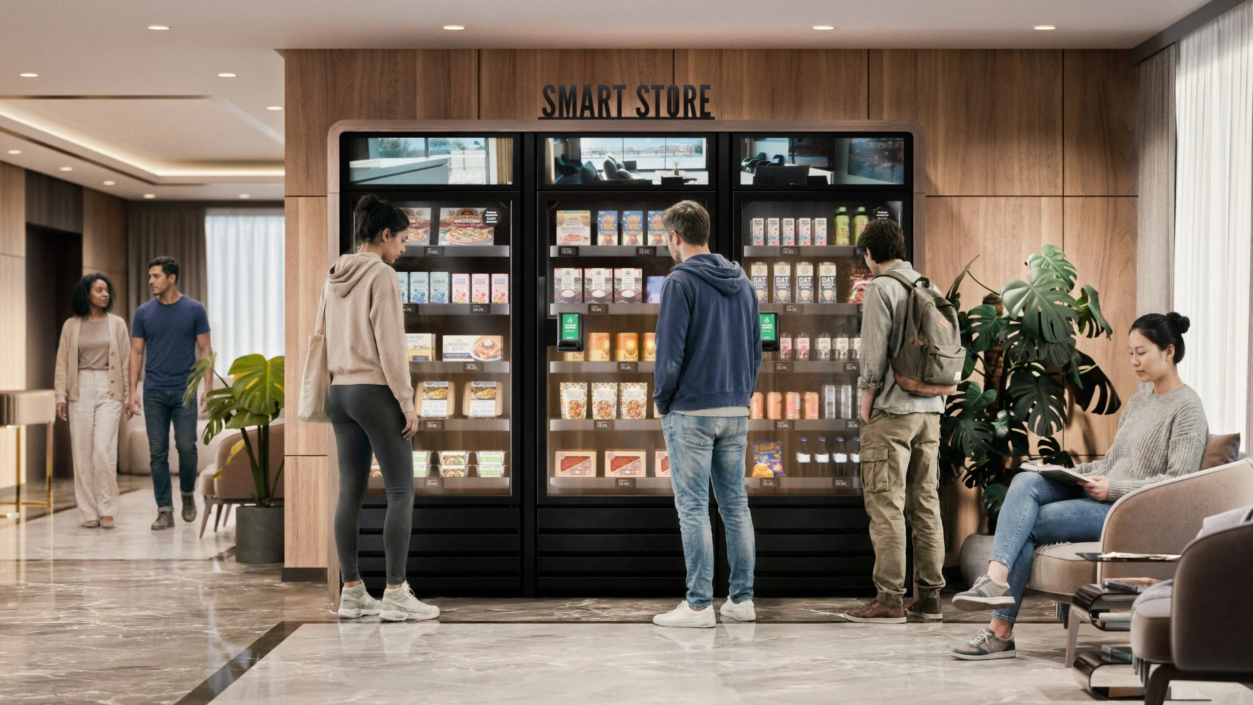 Photo of a luxury building lobby, featuring wood-paneled smart vending machines stocked with a multitude of snacks and beverages.