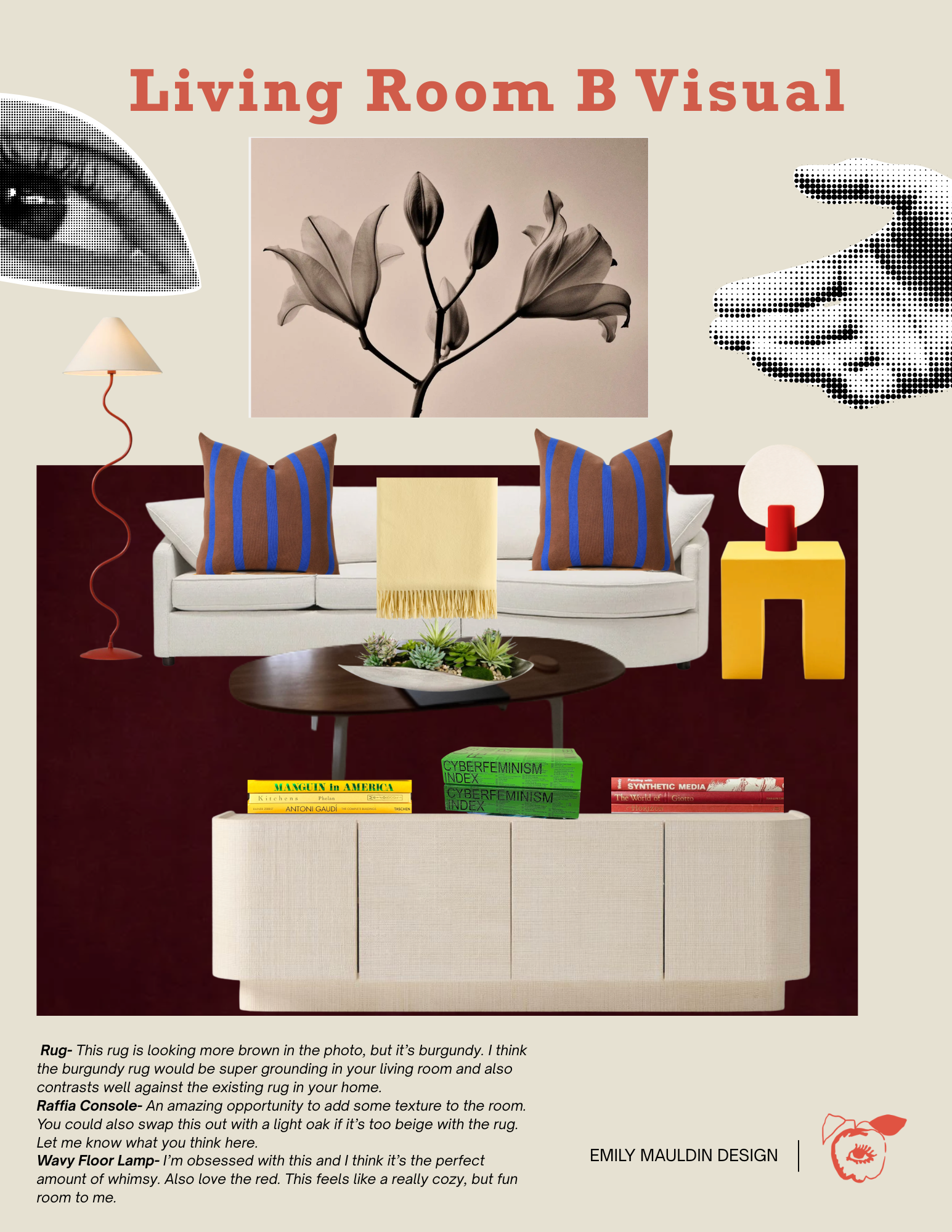 A modern and stylish living room with a beige rug, white sofa with striped pillows, a yellow side table, a white lamp with a red base, a coffee table with books, and wall art including a black and white flower and a black dotted hand pointing. The ro