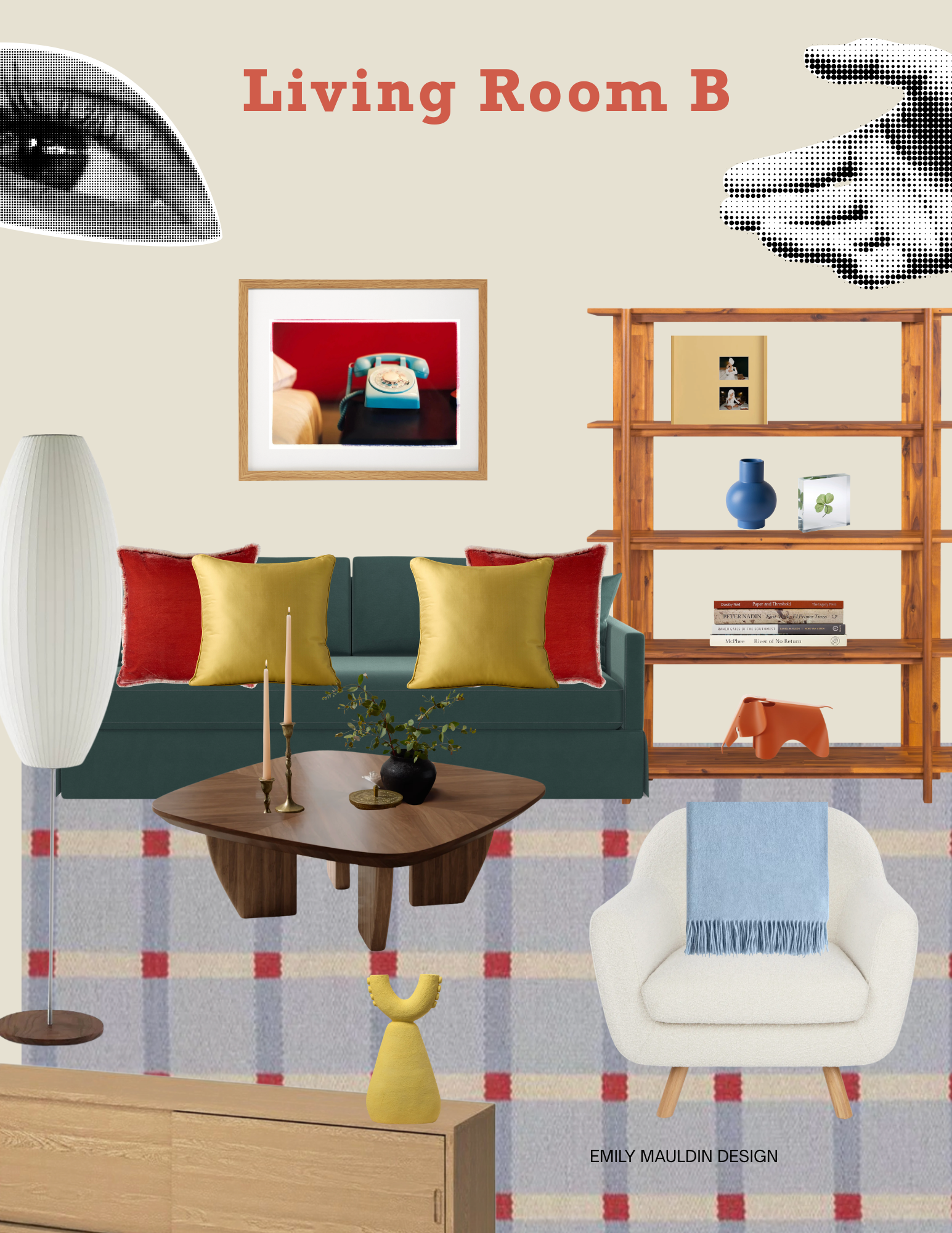 Living room B with a teal sofa adorned with red and yellow cushions. A round wooden coffee table with two candles and a black vase with greenery. A white armchair with wooden legs and a blue fringed throw blanket. A wooden shelving unit displaying fr