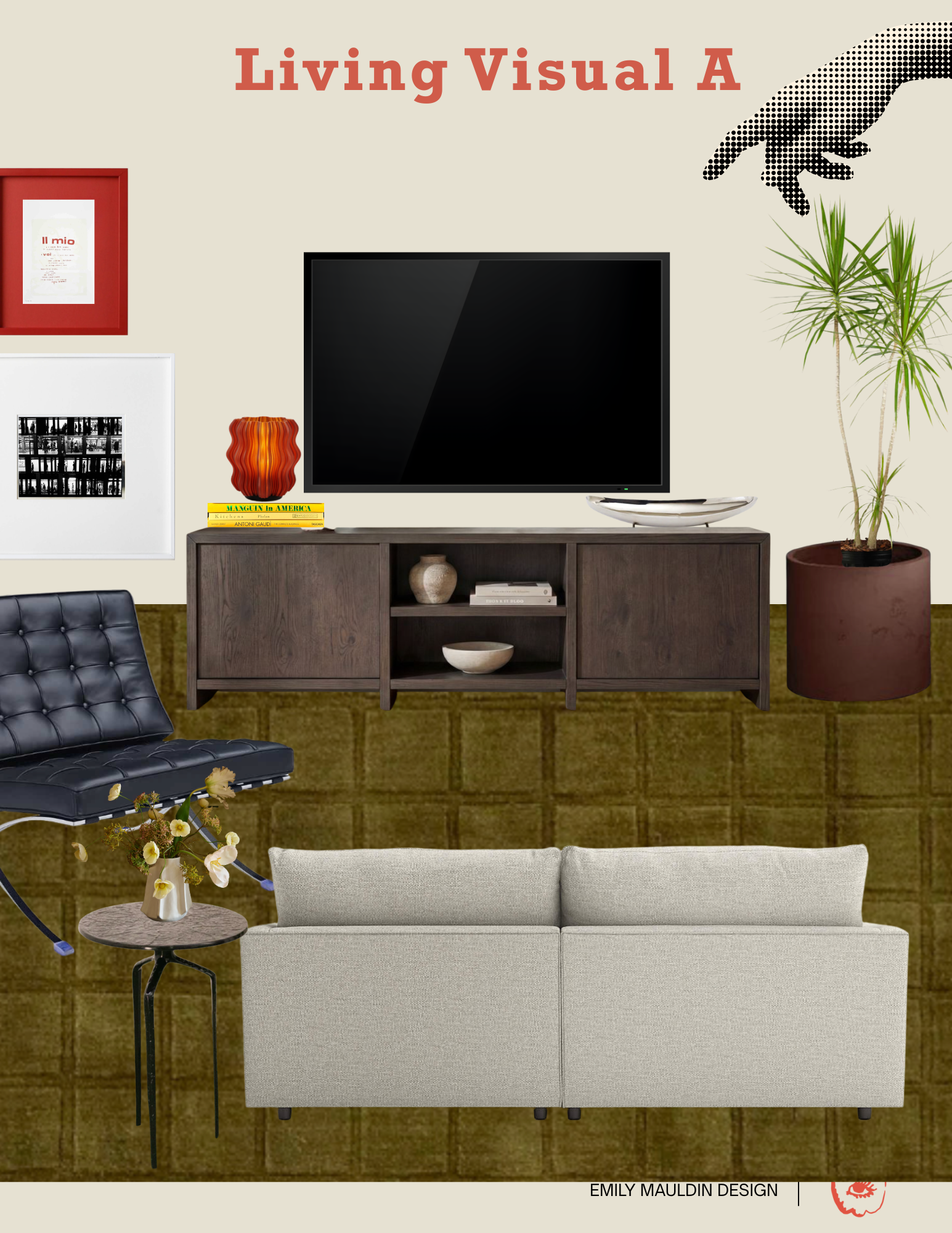 Living room with a beige wall, graphic art and framed photographs, a wooden media console with books and decorative item, a large flat screen TV, a potted plant, a white sofa, a small side table with flowers, and a black leather chair.