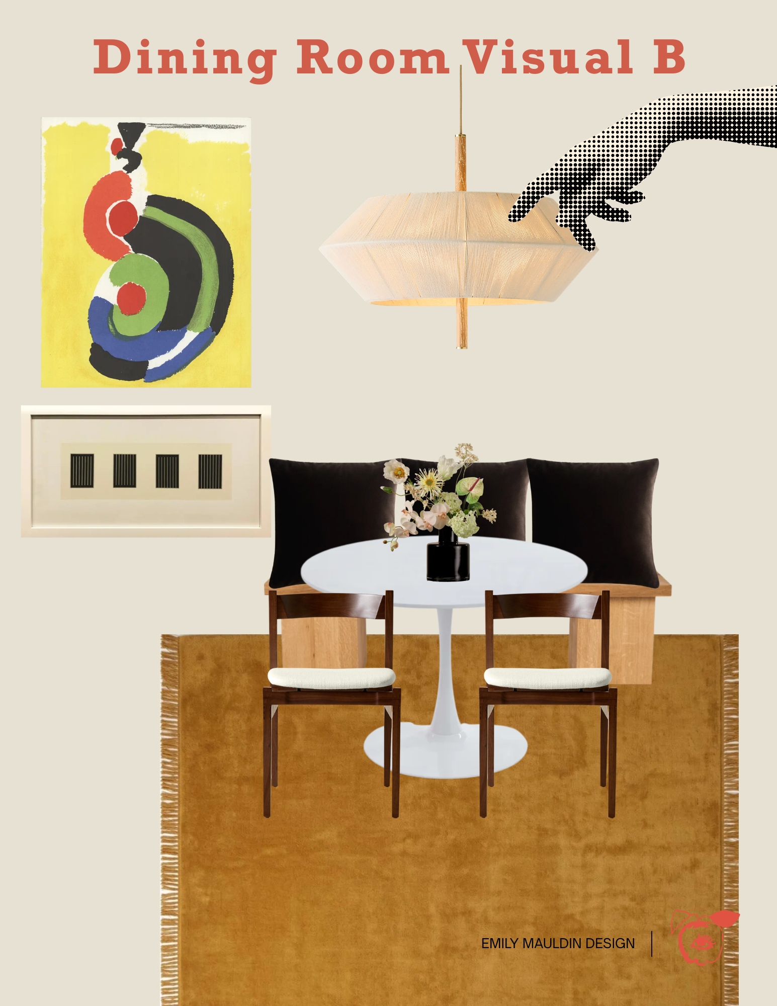 A dining room with a round white table, three wooden chairs with white cushions, and a black vase with white flowers. The background features artwork, a hanging wooden light, and a vintage brown rug with fringed edges. The image has a modern, minimal