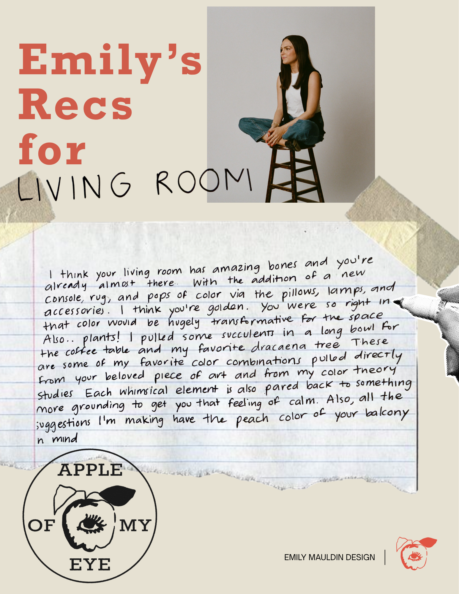 A scrapbook page with the title 'Emily's Recs for LIVING ROOM' in large red letters. There is a photo of a woman sitting cross-legged on a wooden stool, wearing a white shirt and jeans. The page includes handwritten notes on torn notebook paper discu
