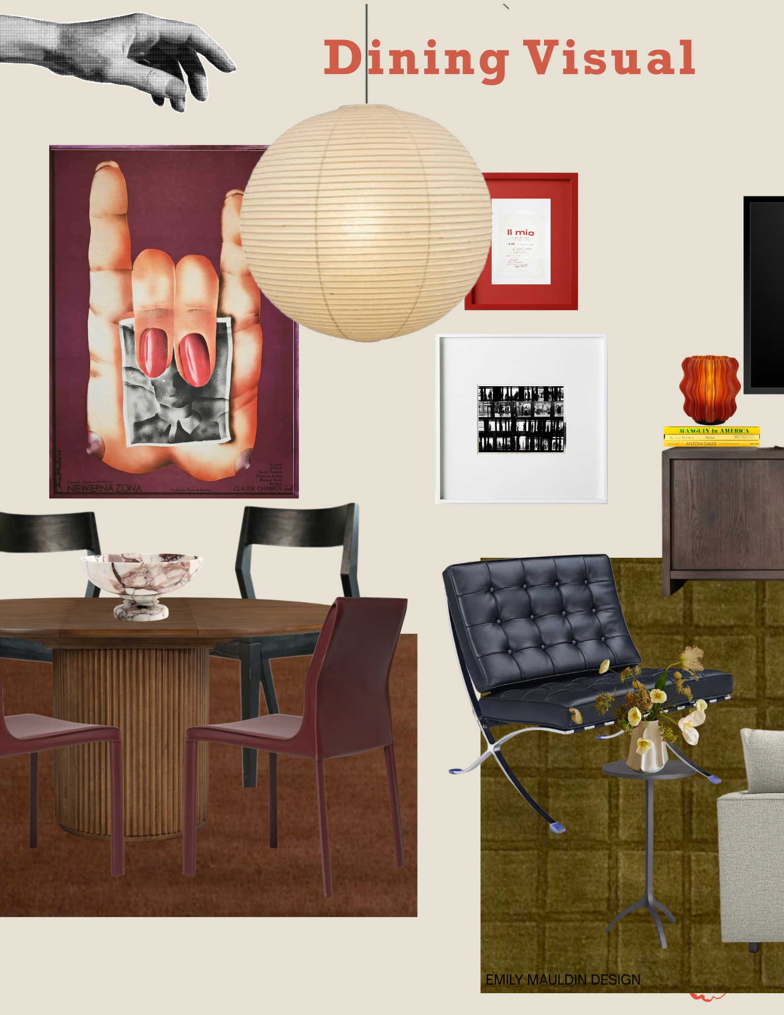 A collage featuring eclectic interior decor with framed artwork, a paper lantern, and a table with chairs and a flower arrangement, labeled "Dining Visual" and signed "Emily Mauldin Design."