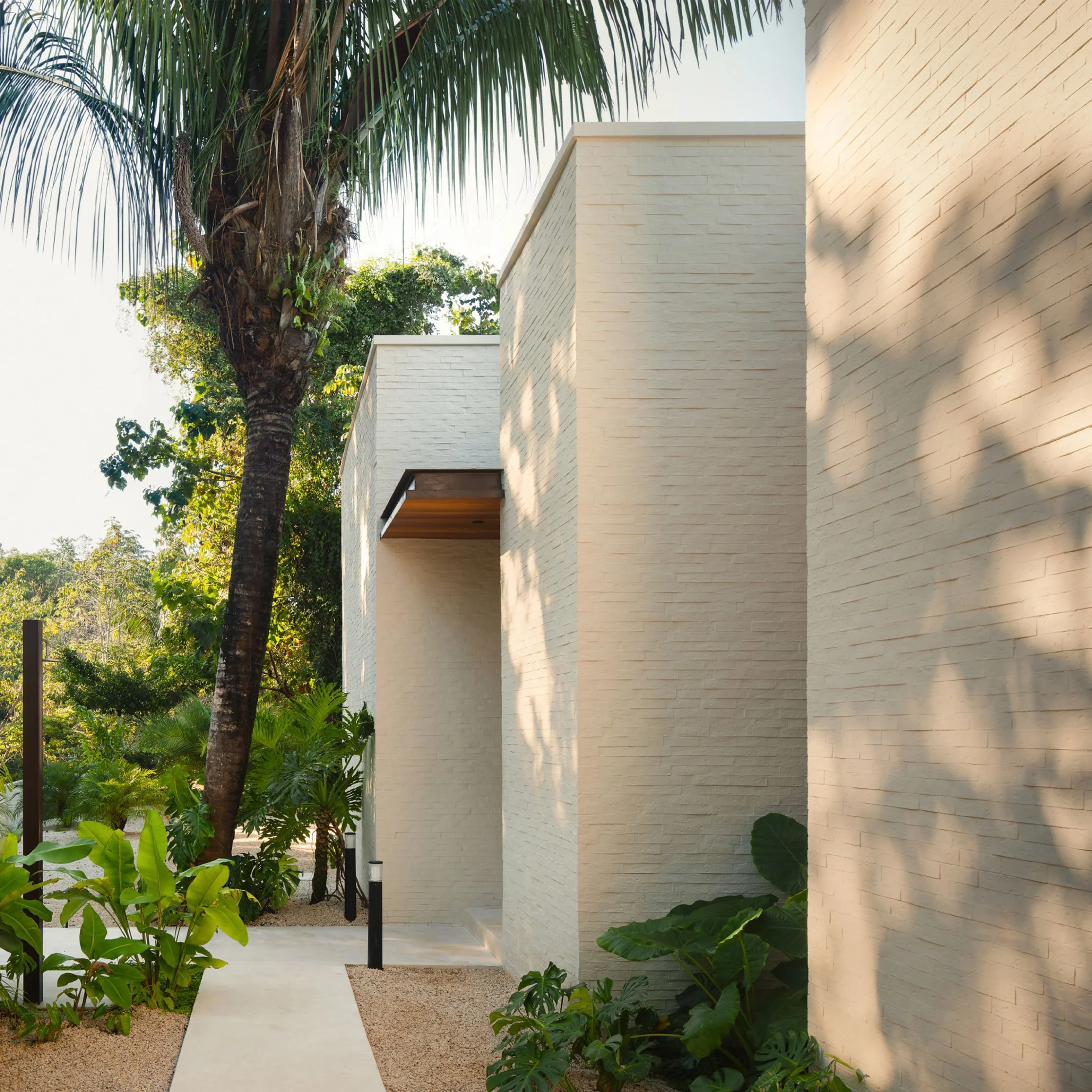 Minibauta House entrance path in Santa Teresa, Costa Rica, lined with white brick walls and tropical planting, by FAMM Arquitectura
