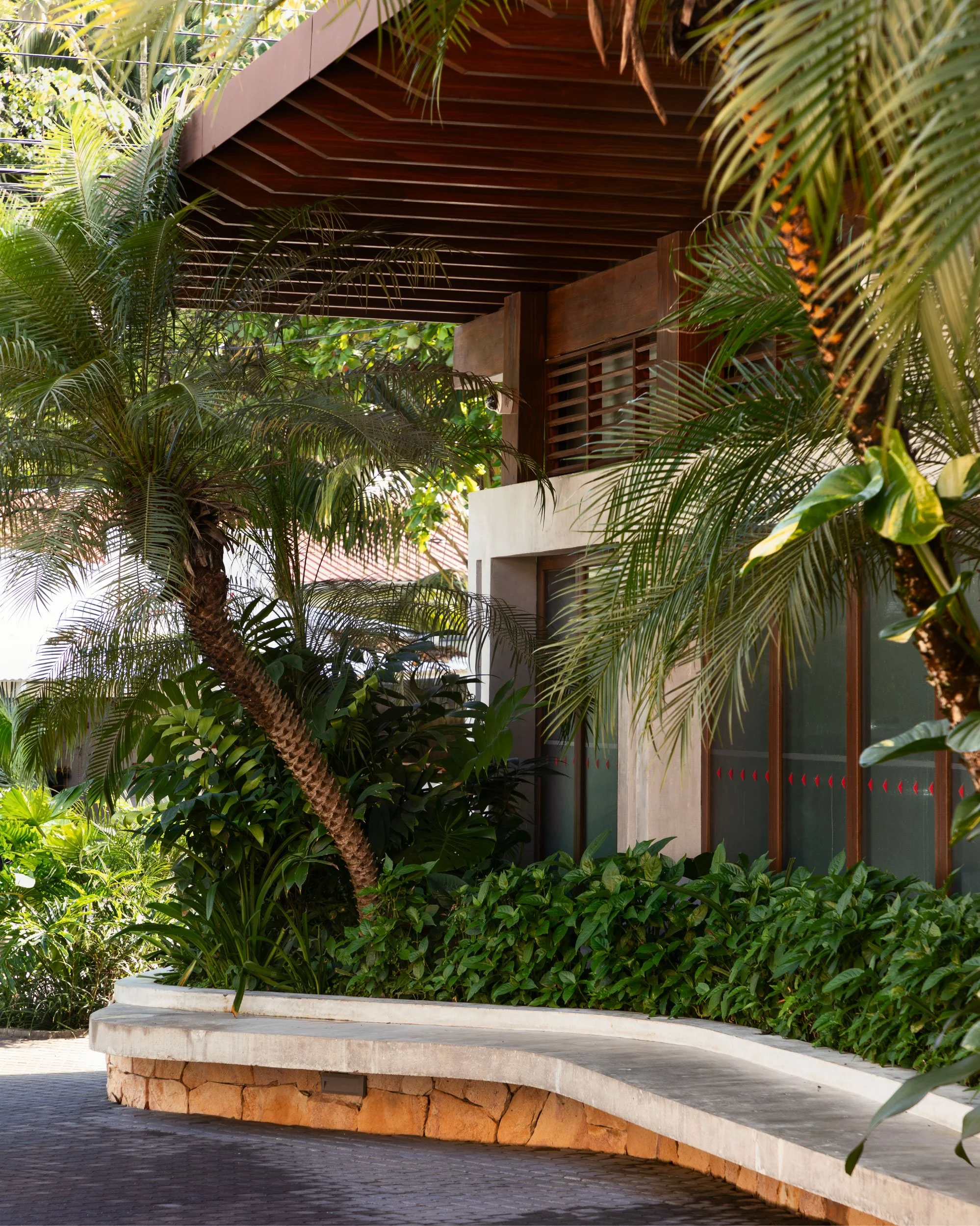Plaza Pochote entrance with curved stone bench and palm trees in Santa Teresa, Costa Rica, by FAMM Arquitectura