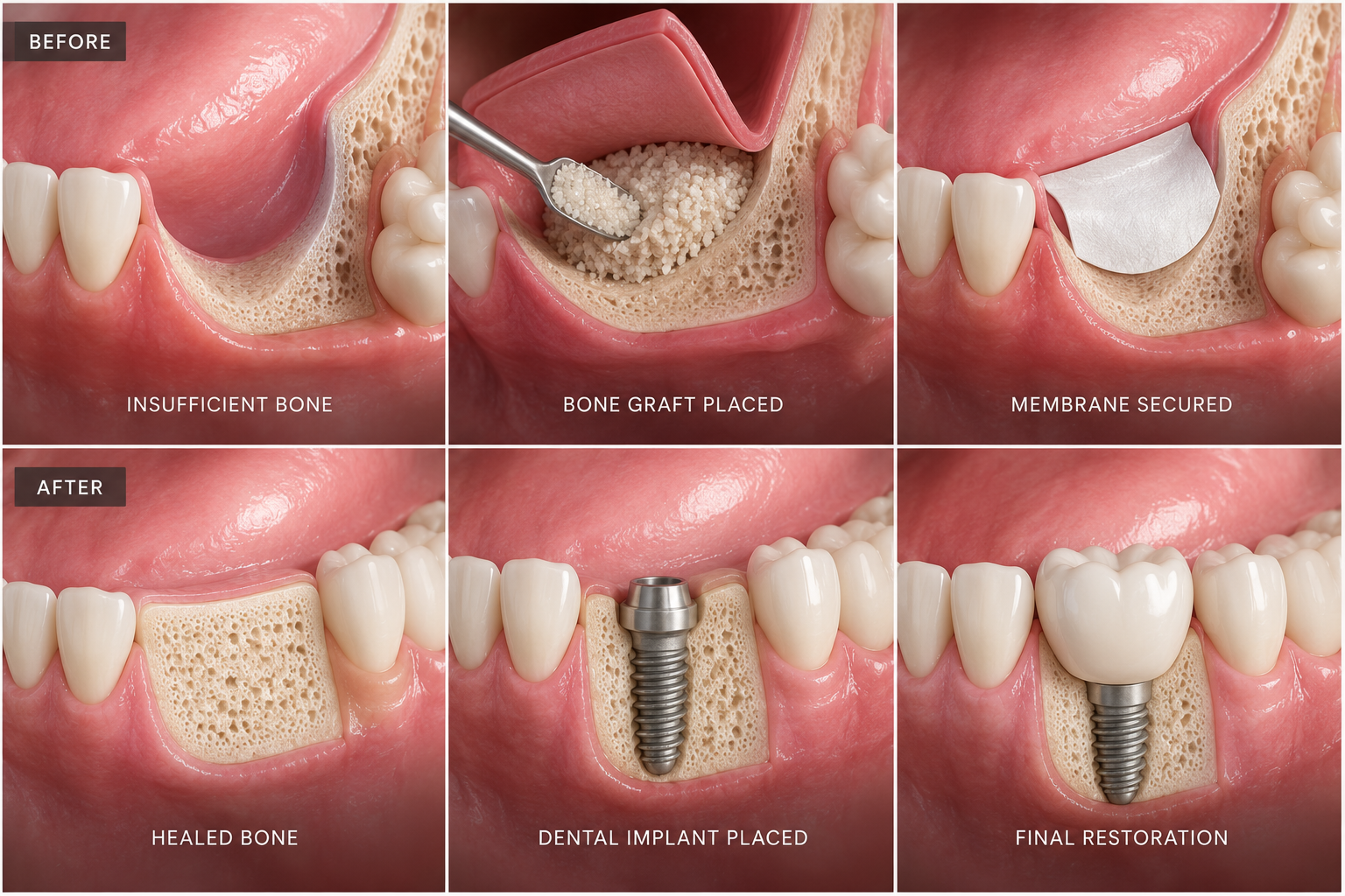 A six-step dental procedure showing the restoration of a tooth with insufficient bone. The first row depicts the process: the first image shows insufficient bone, the second shows a bone graft being placed, and the third shows a membrane secured over the graft. The second row shows the completed work: the first image shows healed bone, the second depicts the placement of a dental implant, and the third displays the final restoration with a crown and implant.