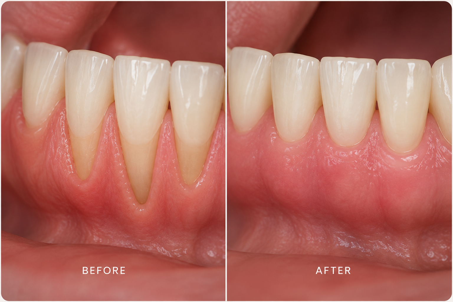 Close-up of human teeth and gums showing before and after dental treatment. The "before" side shows teeth with visible wear and staining, while the "after" side shows cleaner, whiter teeth with healthier gums.