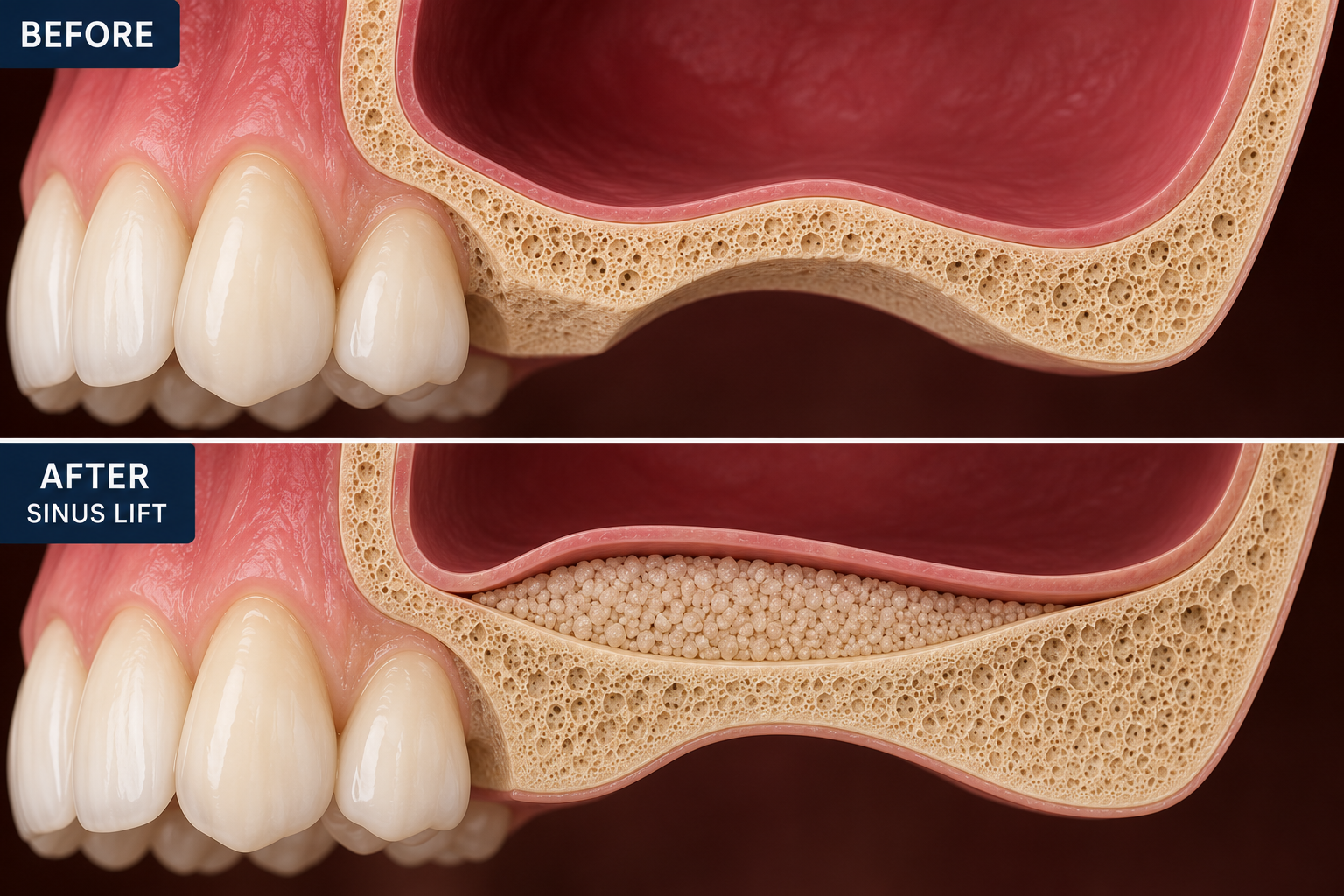 Comparison of a cross-section of teeth and sinus cavity before and after sinus lift procedure. Top image shows a natural sinus cavity with bone. Bottom image shows a sinus cavity filled with bone graft material after sinus lift.