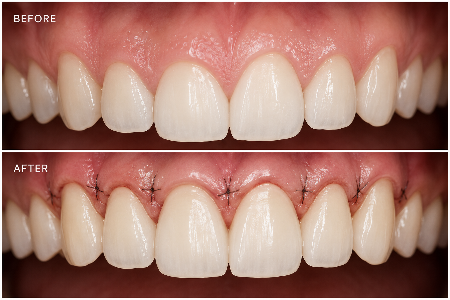 Close-up of a person's upper front teeth before and after dental dental procedure, showing the stitches after gum surgery.