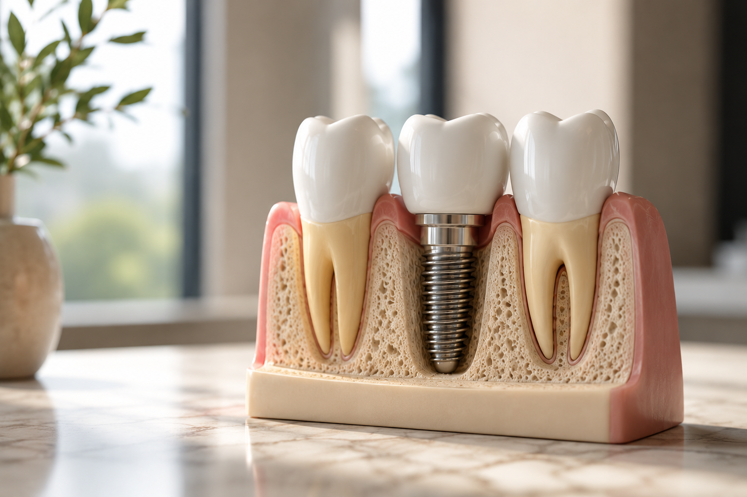 A dental model showing teeth with a dental implant in the middle, placed in a cross-sectional view of the gums and jawbone.