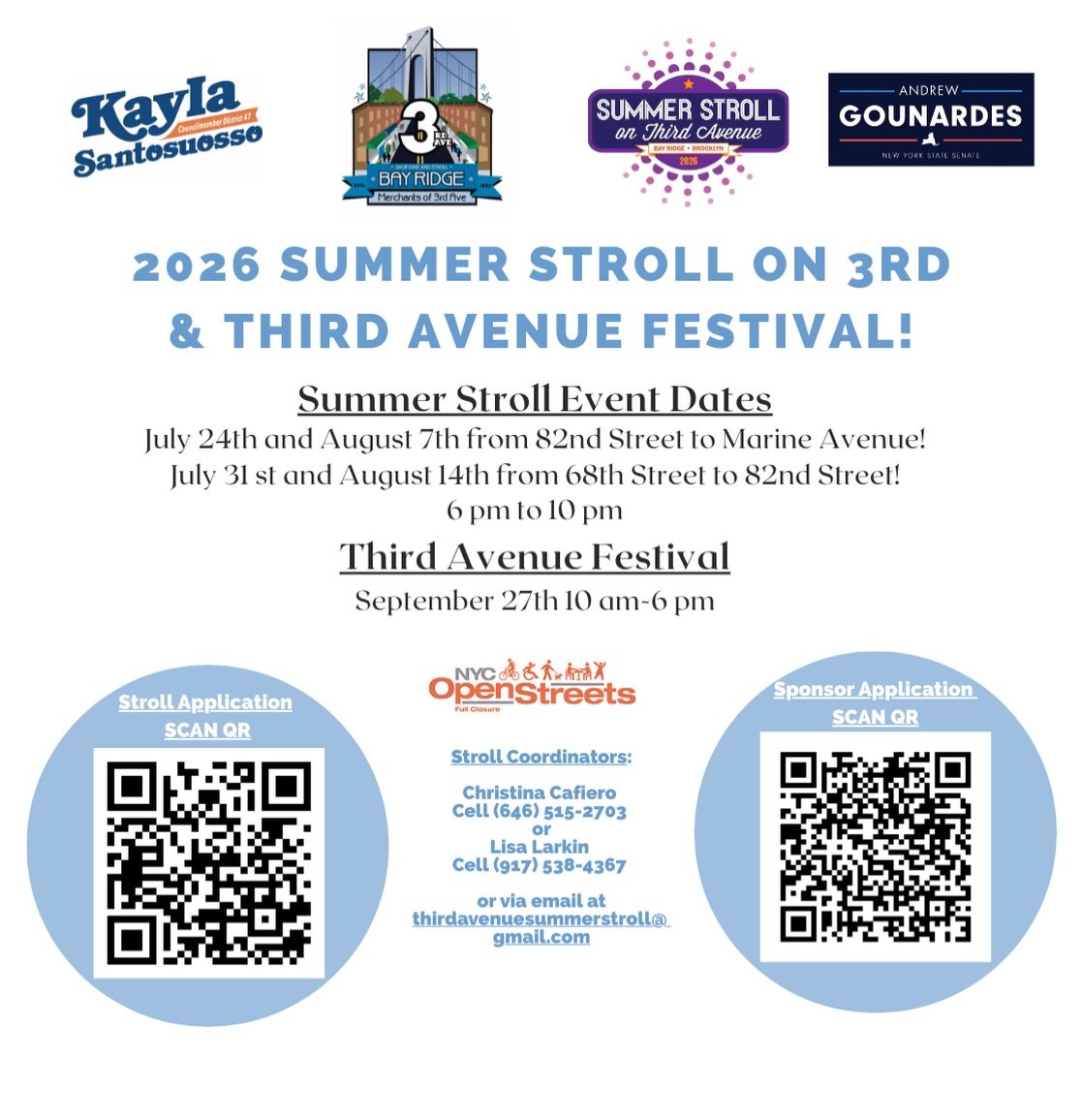 2026 Summer Stroll and 3rd avenue festival dates are out now.  Sponsorship opportunities are available but limited so sign up today!  Be a part of a great community event that shows off the best of Bay Ridge&rsquo;s 3rd avenue. Scan the QR code or cl