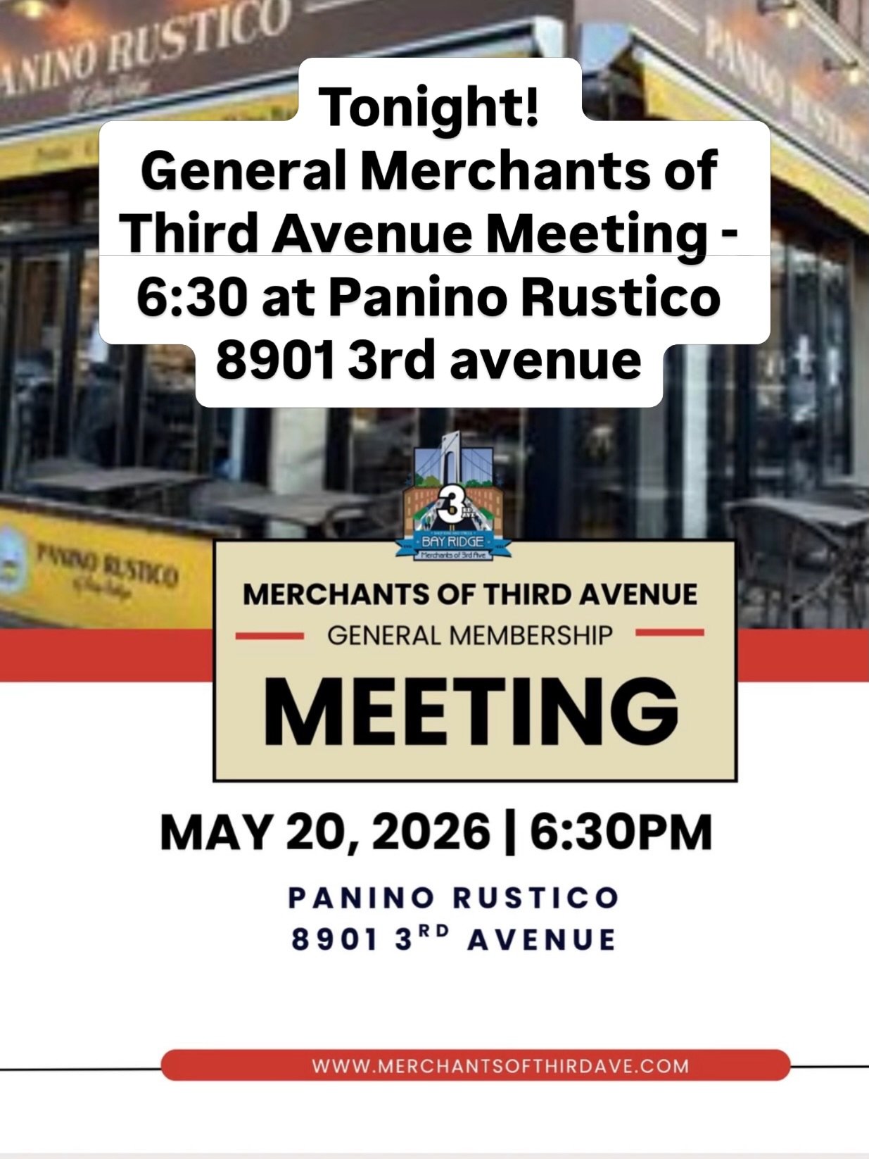 Tonight we invite all merchant members to attend our general meeting. Gathering starts at 6:00 and meeting at 6:30 @paninorustico 8901 3rd avenue. We will be talking about the upcoming events and vote on our general board nominees. Come by to see all