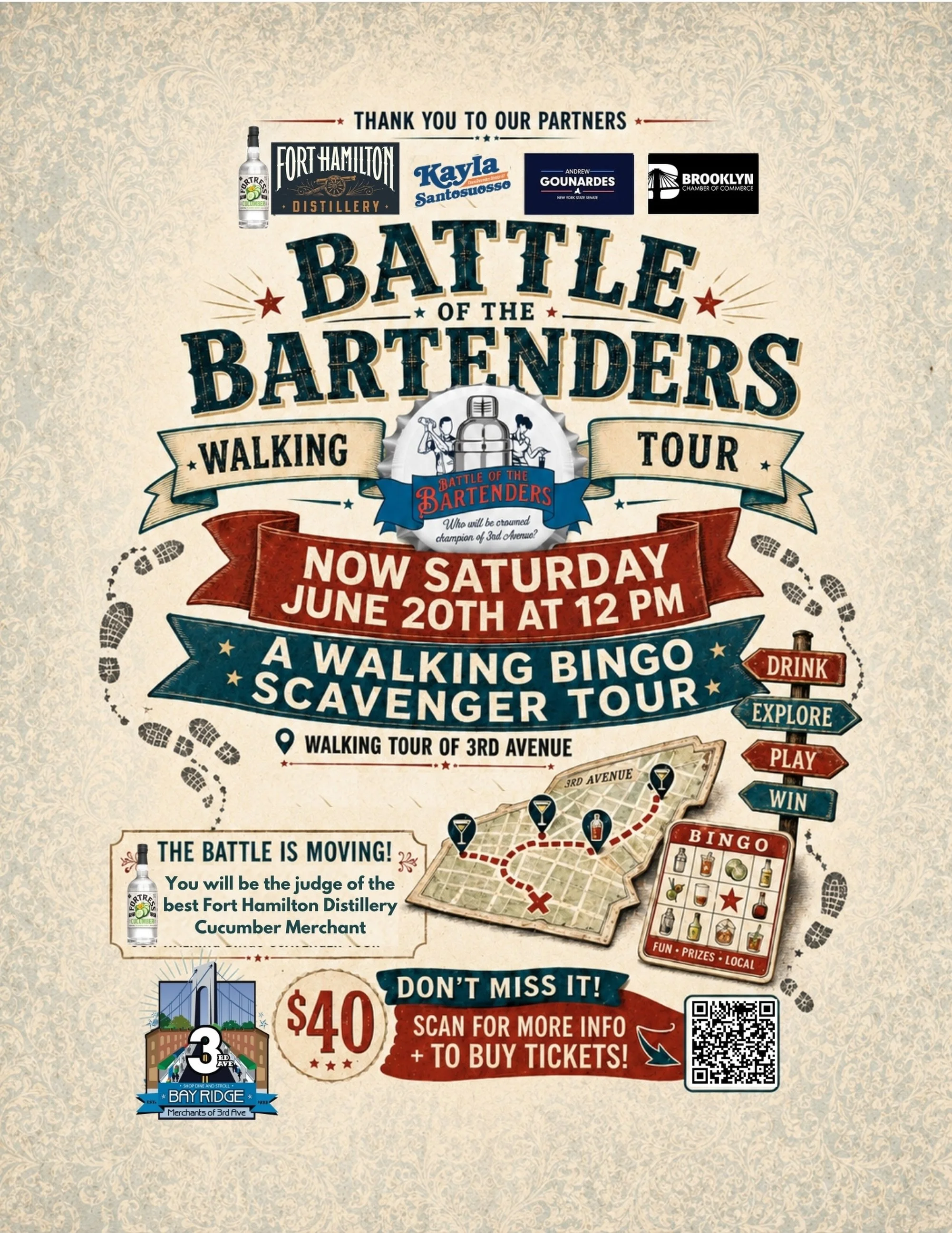🚨 THE BATTLE IS MOVING! 🚨

The Battle of the Bartenders is stepping onto 3rd Avenue &mdash; with Fort Hamilton Distillery at the heart of the battle. 🍸🥒👣

Join us Saturday, June 20th at 12 PM for a Walking Bingo Scavenger Tour of 3rd Avenue, whe