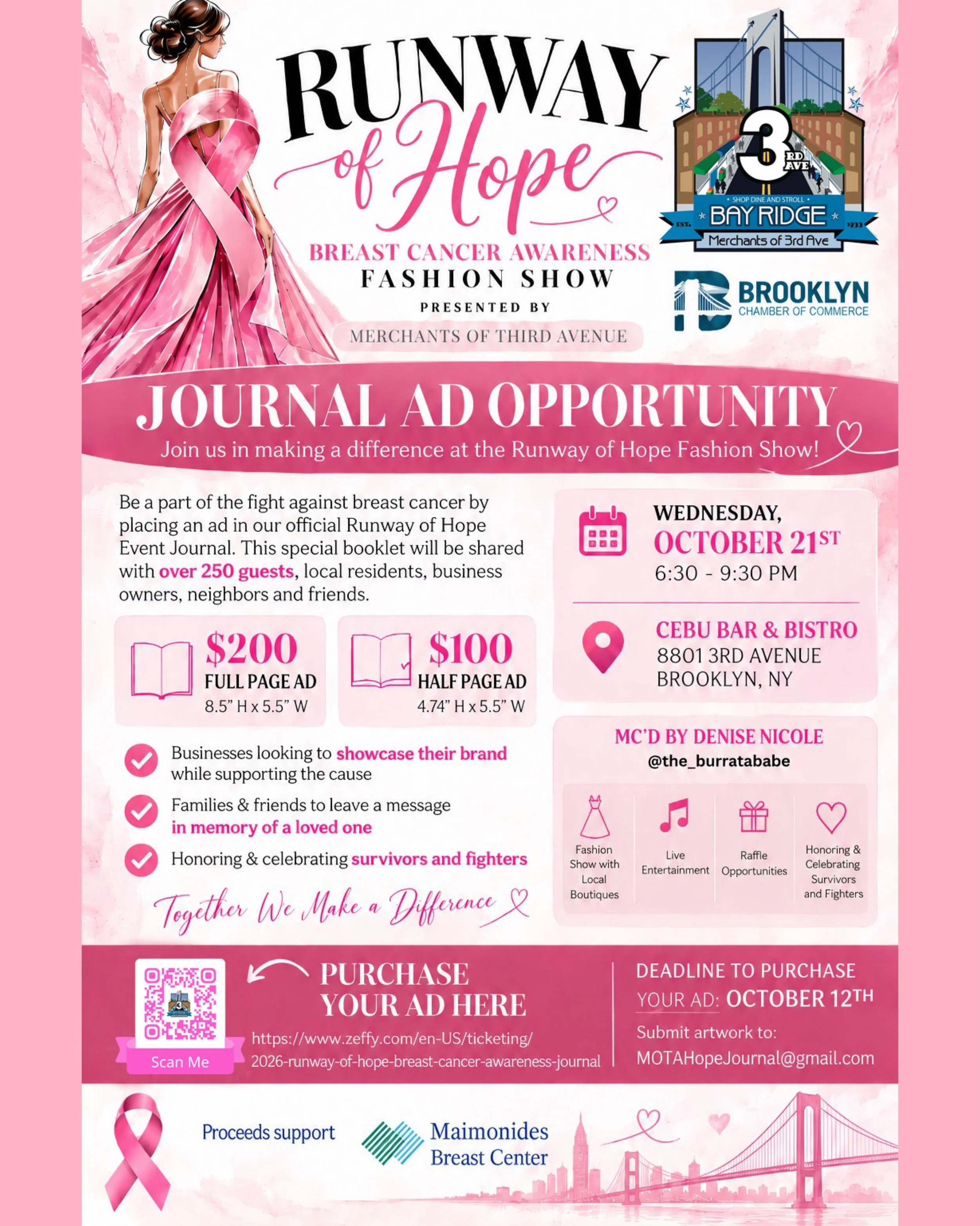 The 2nd Annual #RunwayofHope is coming to @cebubarbistro! Join the Merchants of Third Avenue Civic Improvement Association, Inc. in spreading hope and love to everyone who has been affected by breast cancer by placing an ad in our commemorative journ
