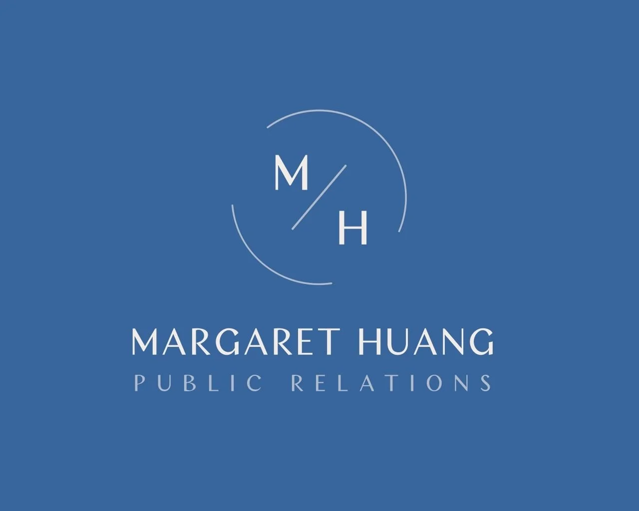 Logo with initials M and H in a circle, with text 'Margaret Huang Public Relations' on a blue background.