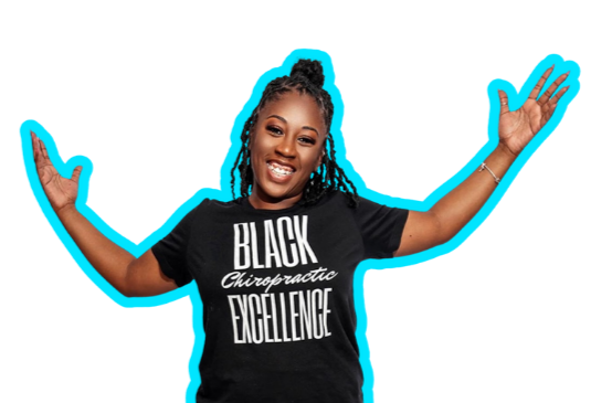Smiling woman with braided hair wearing a black T-shirt that says 'Black Chiropractic Excellence'