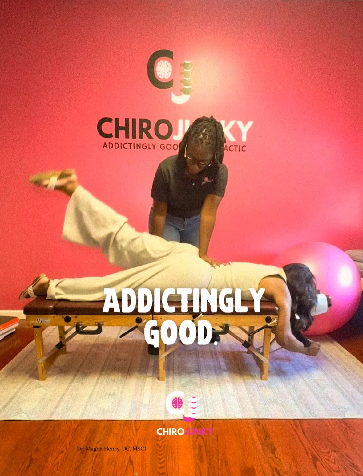 Dr. Magen performing chiropractic treatment on a patient lying face down on a treatment table in a clinic with pink walls and fitness equipment.