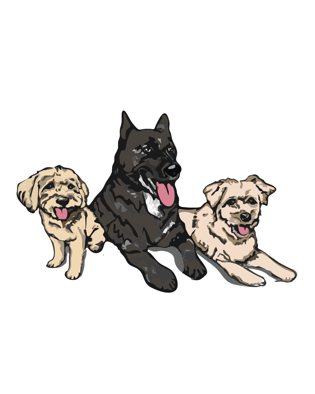 Illustration of three happy dogs, two smaller light-colored dogs on each side and a larger dark-colored dog in the center, all with tongues out and smiling.