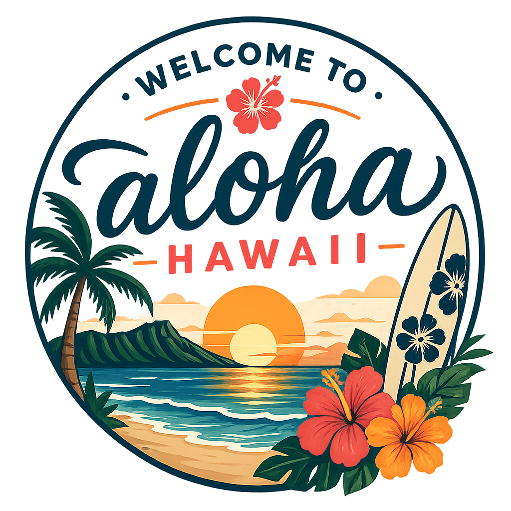 A colorful circular sign that reads "Welcome to Aloha Hawaii" with a sunset, ocean waves, palm trees, hibiscus flowers, and a surfboard.