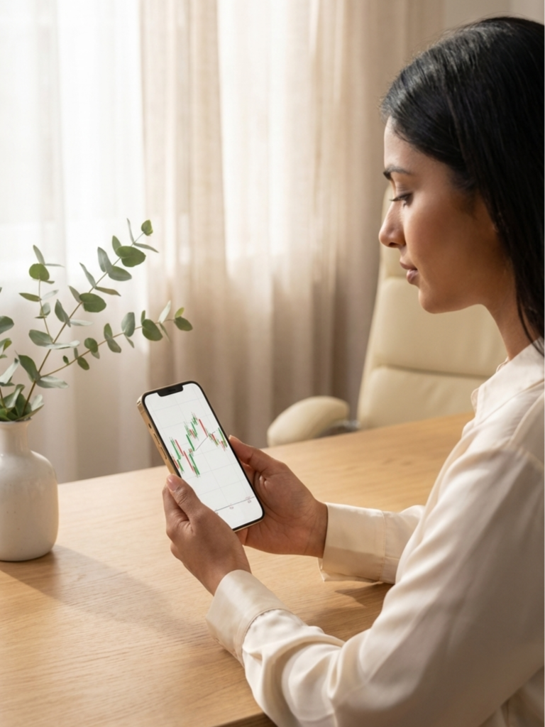 Woman sitting at a desk learning day trading on a smartphone displaying a simple candlestick chart.