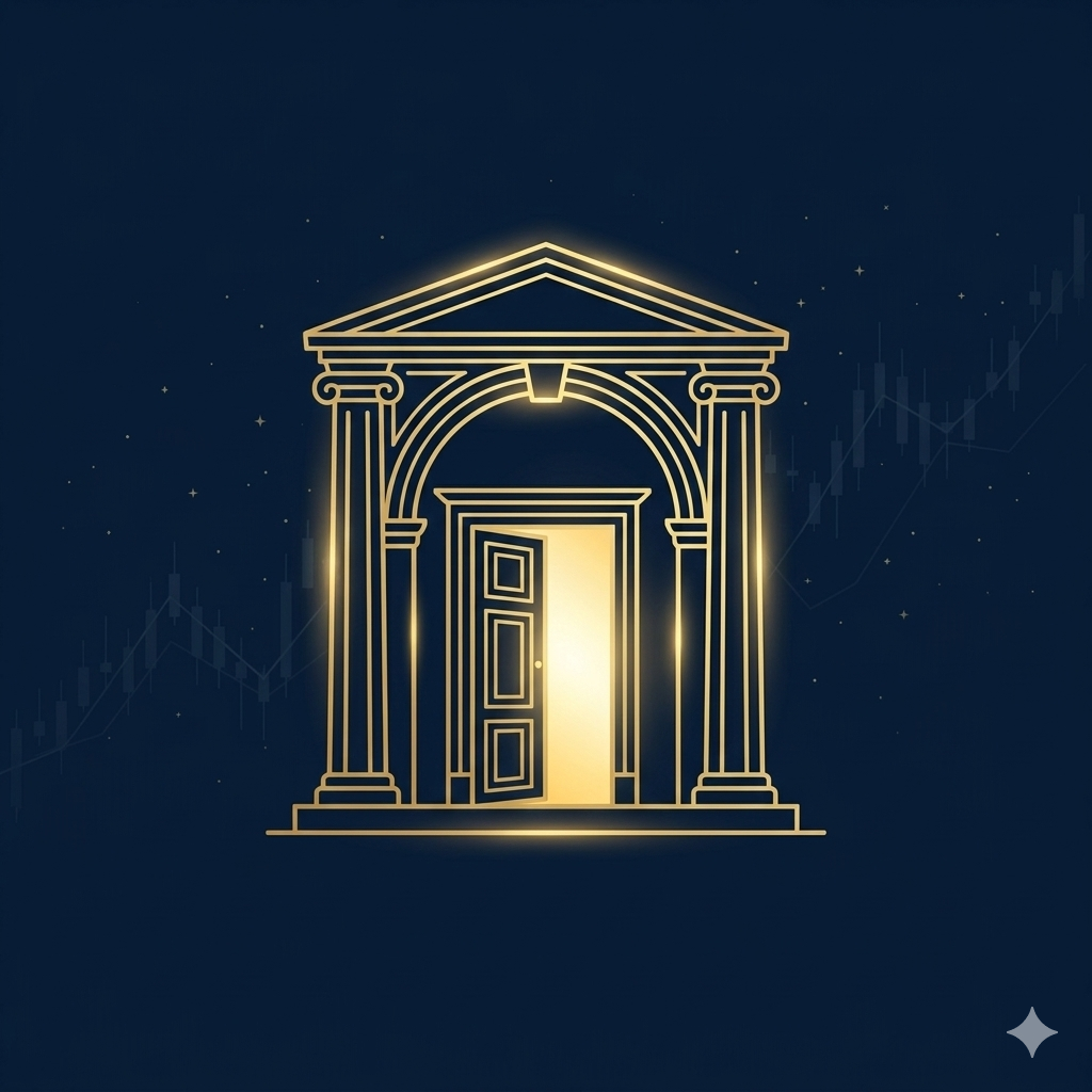 Classical columned doorway with glowing light symbolizing growth, mindset, and long-term trading success