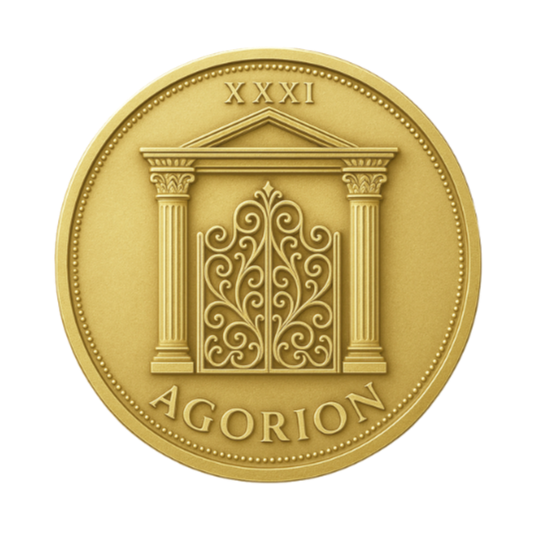 Gold coin with an ornate gate framed by two classical columns and a pediment, with the Roman numerals XXXI at the top and the word 'AGORION' at the bottom.