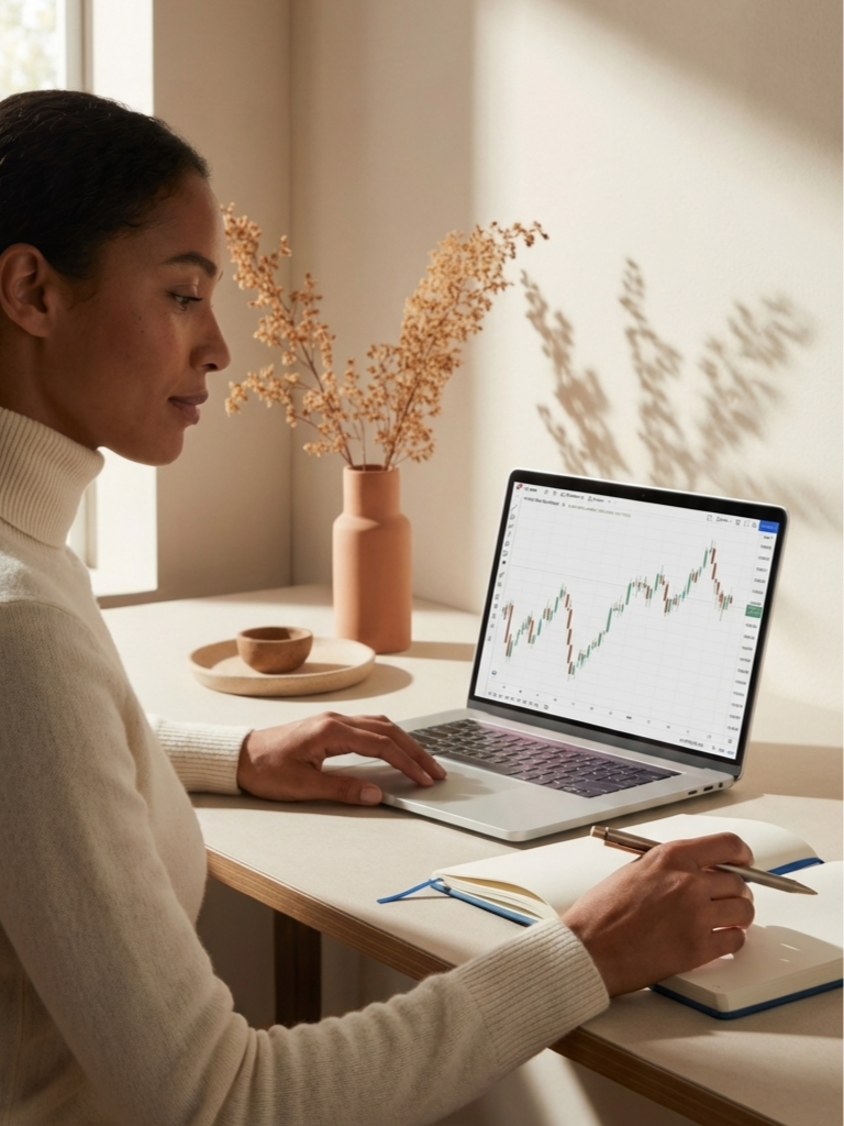 A woman sitting at a desk with a laptop learning to day trade with a simple candlestick chart, taking notes in a notebook.