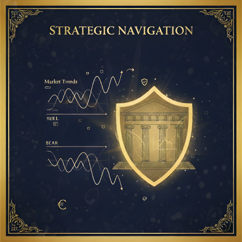 a classical set of columns and shield with market structure representing learning  market trends and managing risk