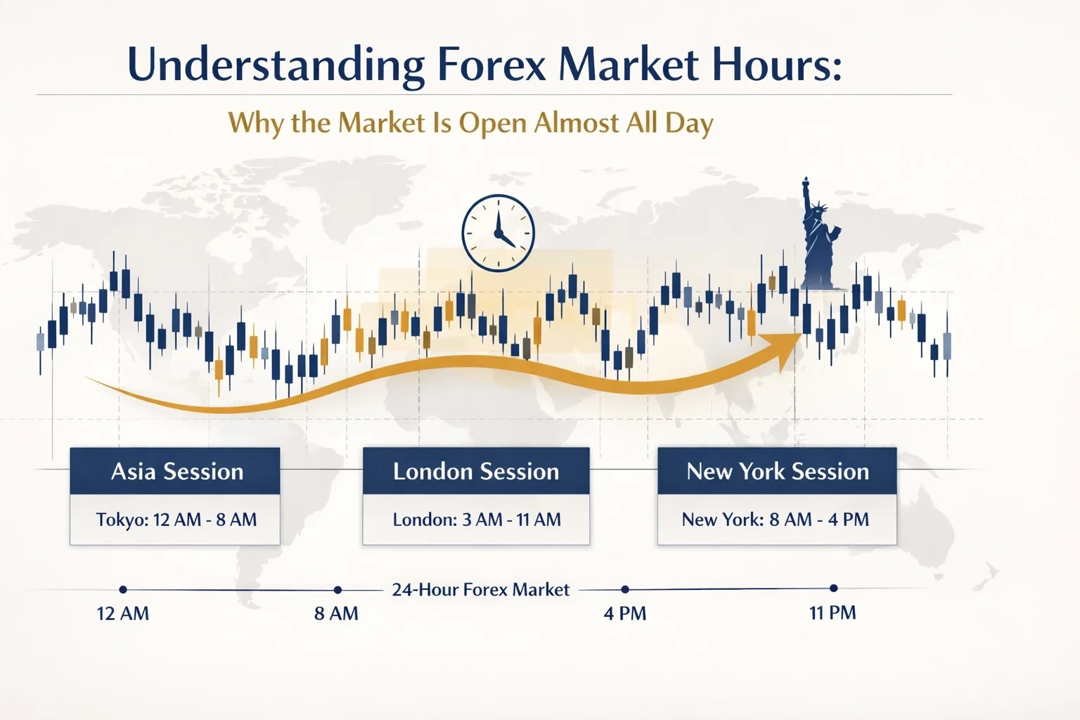 a world map overlayed with a candlestick chart and clocks showing different market sessions - Asia, London, and NY Sessions