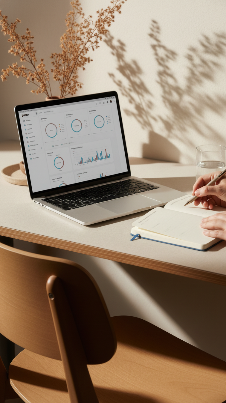 A women day trader journaling at a clean desk while studying trading basics and market hours