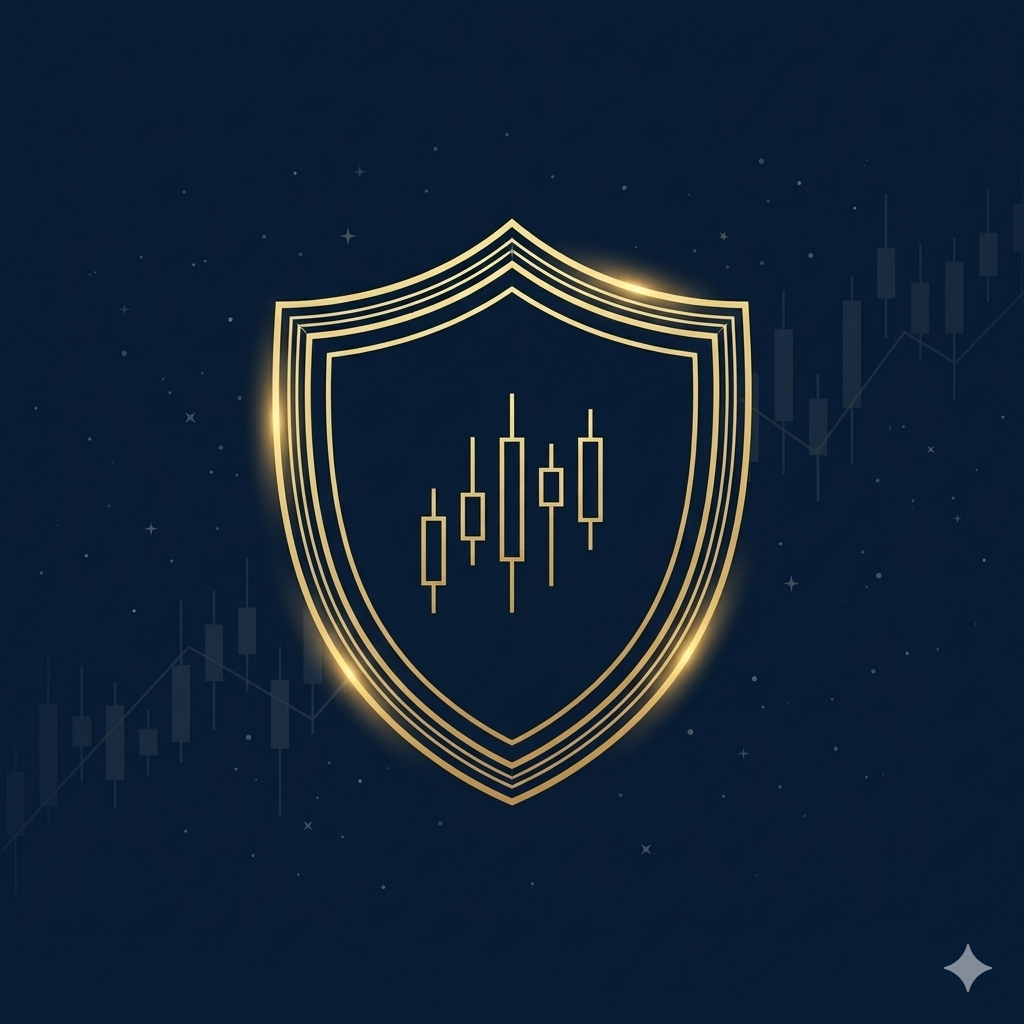Gold shield with candlestick chart symbolizing disciplined risk management in trading