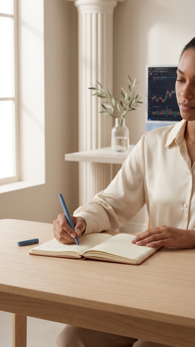 A woman sitting at a desk writing in a notebook with a pen, in a bright office with a window, a vase with green leaves, and a computer monitor displaying financial charts.