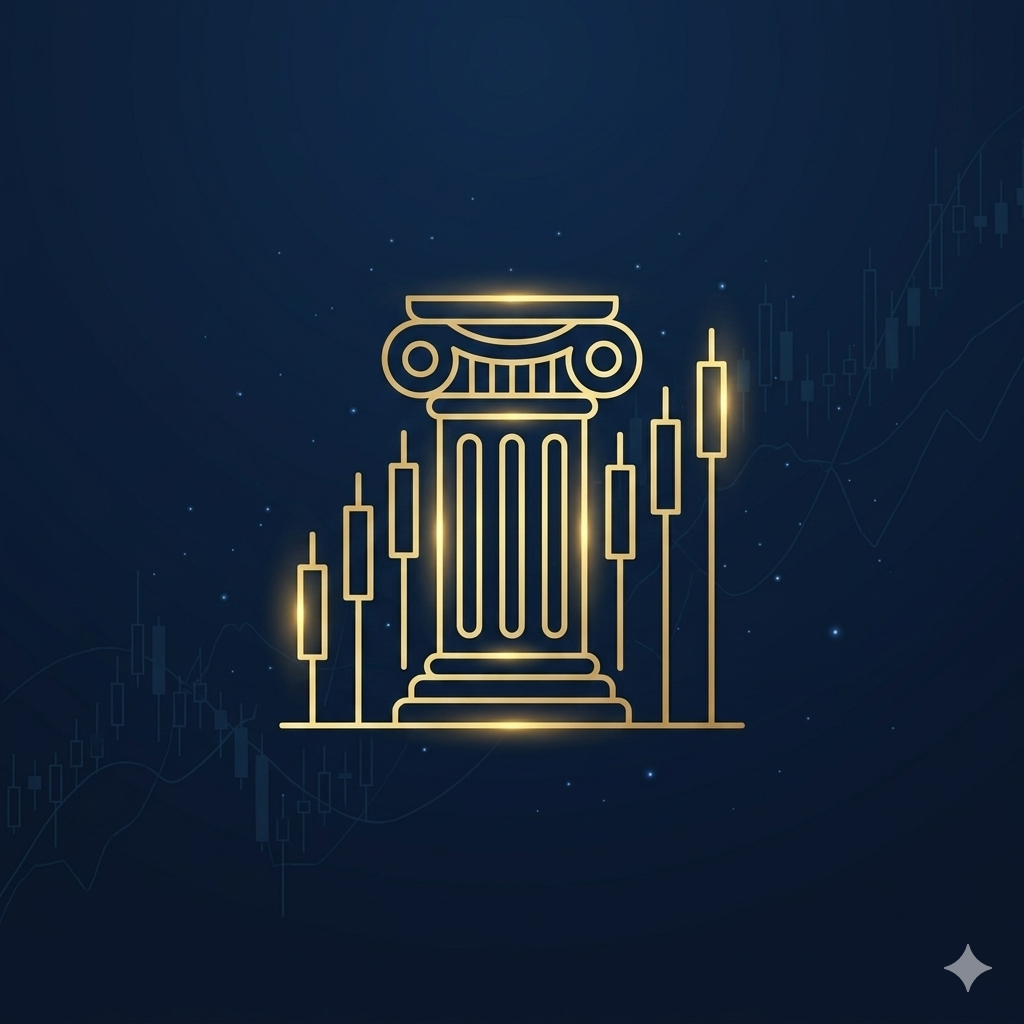 Classical column illustration with candlestick chart lines representing market foundations in trading education