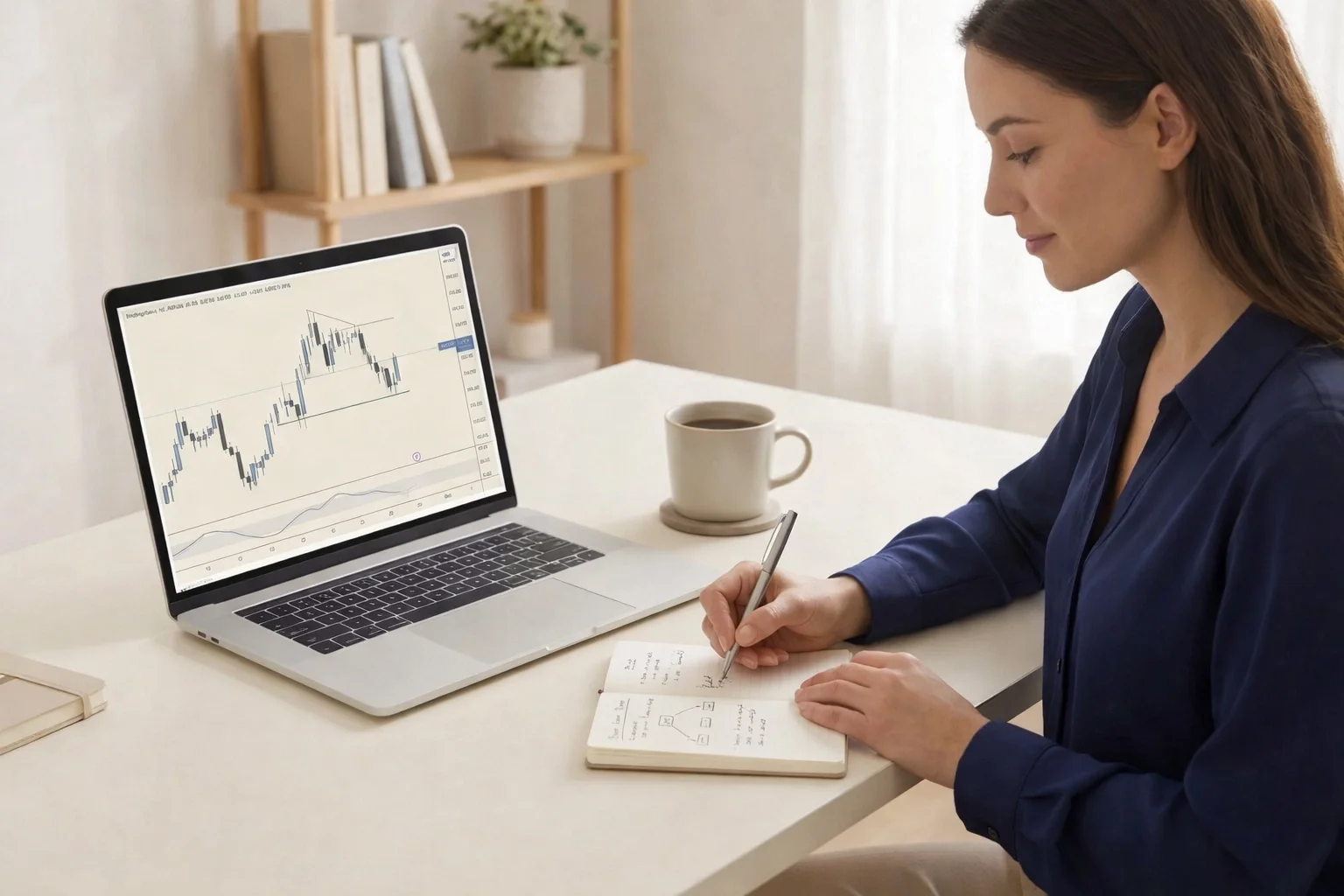 Woman working on stock trading chart on a laptop at a desk with a notebook and coffee mug.