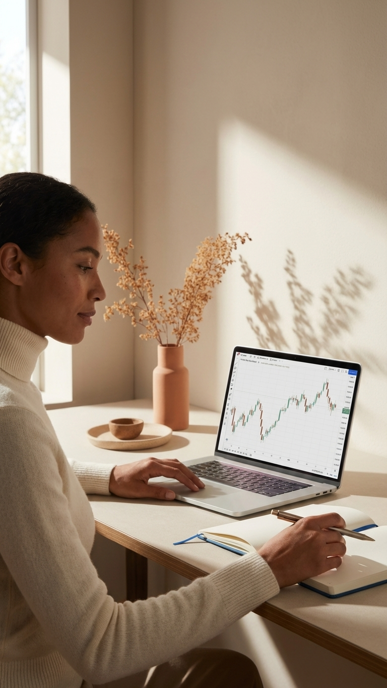women at a clean desk day trading on a simple and minimalist chart while journaling.