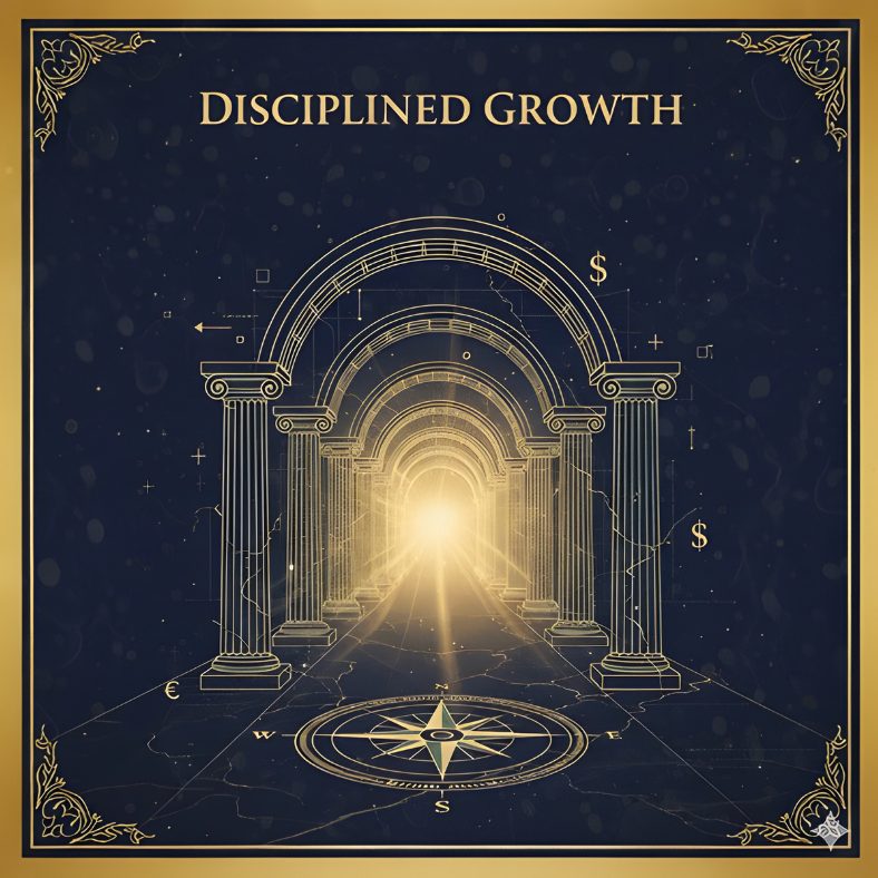 a classical archway between columns with a compass pointing through the arch representing building the discipline required to day trade