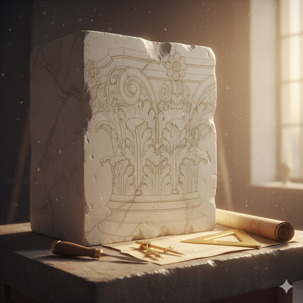 a rough block of marble before the artist starts carving