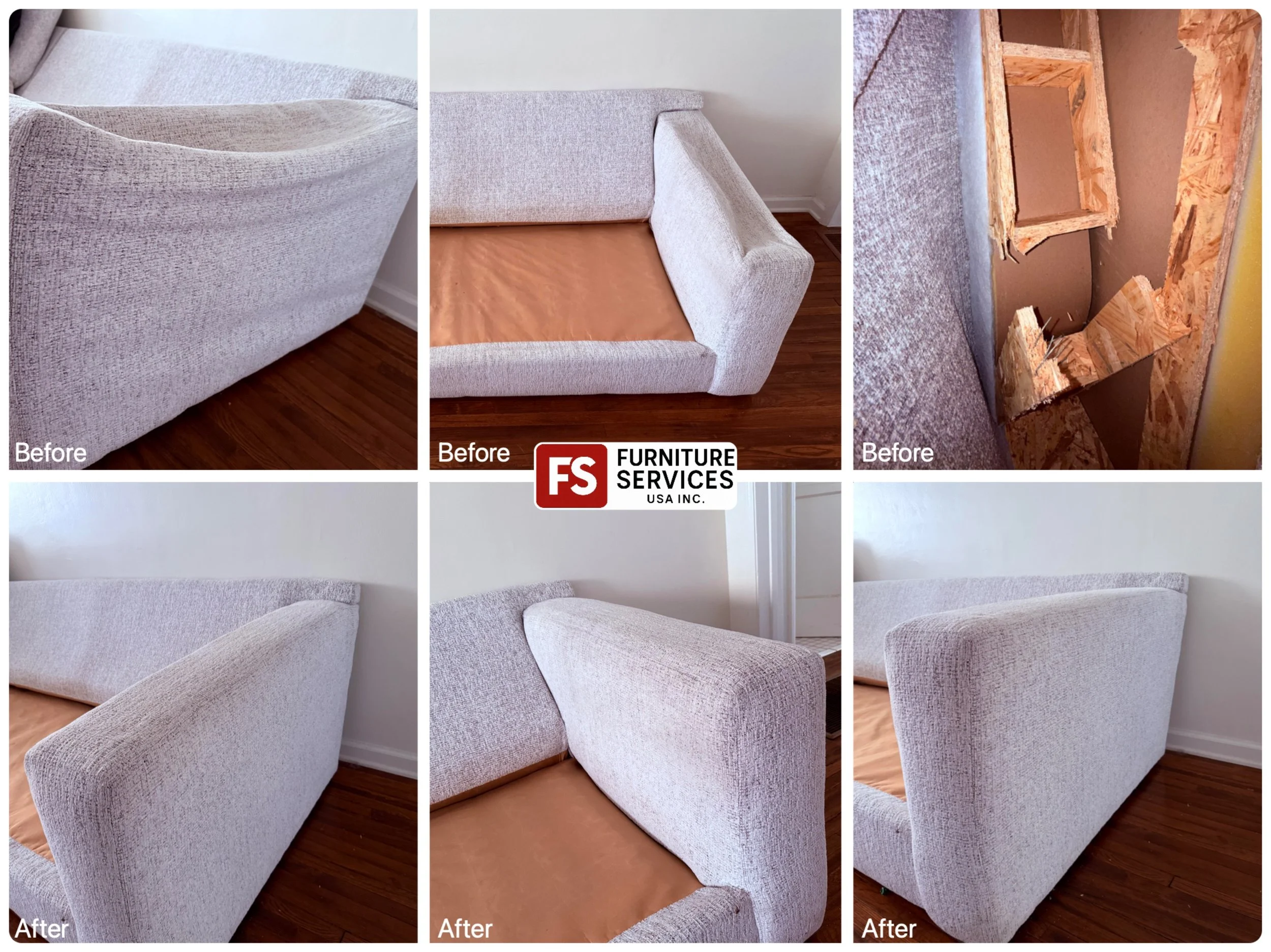 Major Frame Damage? We bring it back from the brink!
This "Before" image (top right) shows a severely broken internal wooden frame a critical issue that compromises the safety and integrity of your sofa. We performed expert frame repair and heavy rei