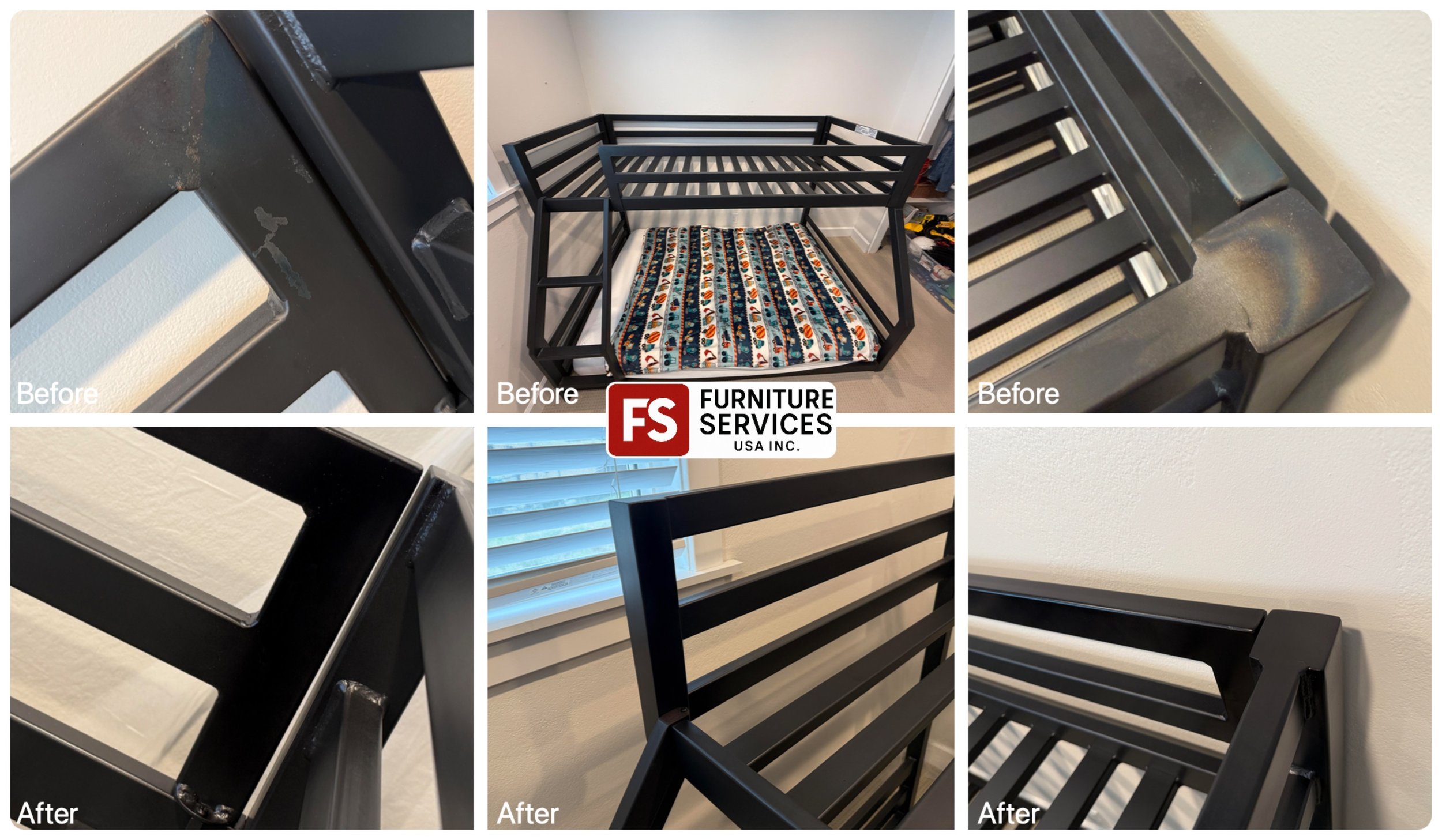 Metal Bunk Bed Restoration. We erase scratches, scrapes, and welding imperfections with professional touch-up and refinishing techniques.
Pristine finish restored!