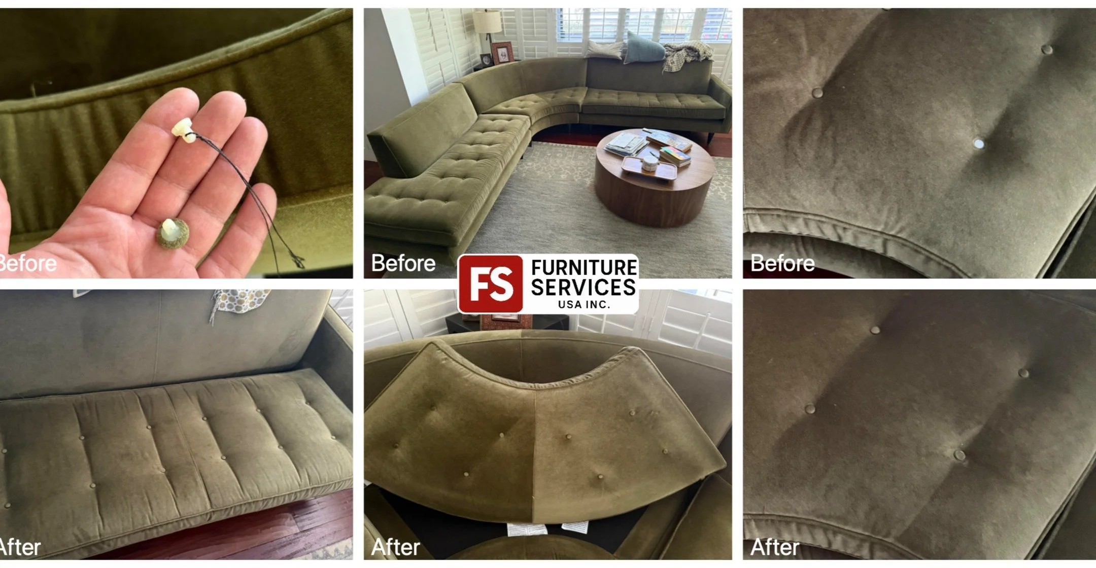 A missing or loose button can ruin the classic look of a tufted sectional. We specialize in precise tufted button repair and replacement, ensuring a flawless match and secure, lasting fix for your furniture.
Contact us for a quote!

Repair Services:
